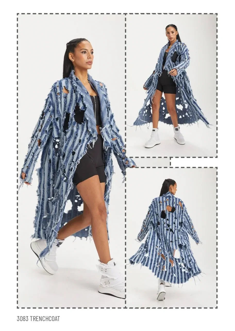 H4 Fashion Mantel in gerader Form, aus Materialmix, 3083, Blau, Streifen, Ausgefallen