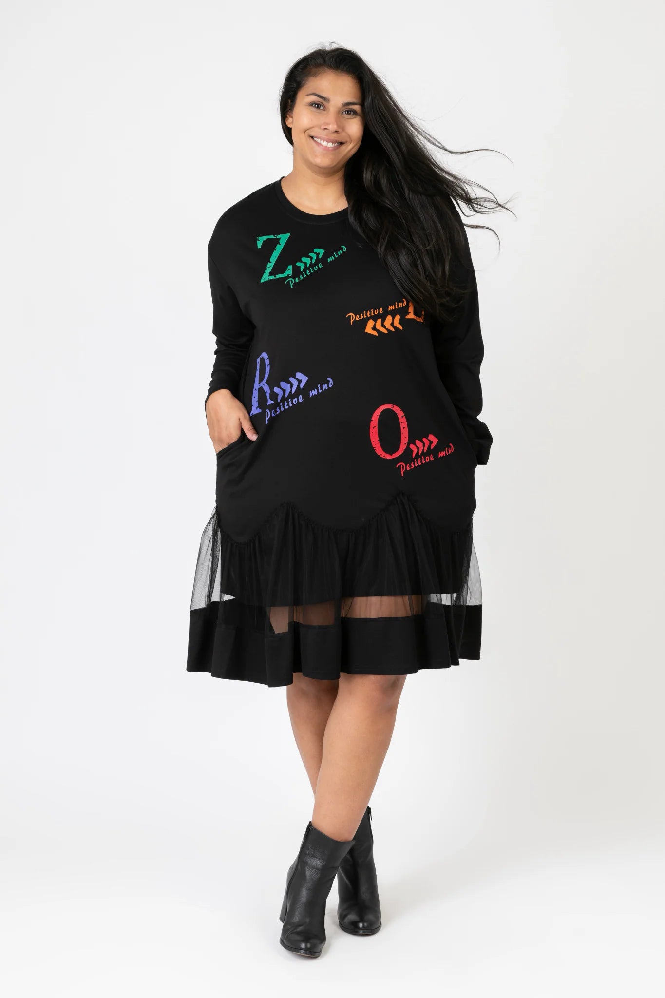 Pomme Rouge Kleid in gerader Form, aus Viskose, C6630, Schwarz-Multi, Muster, Schick