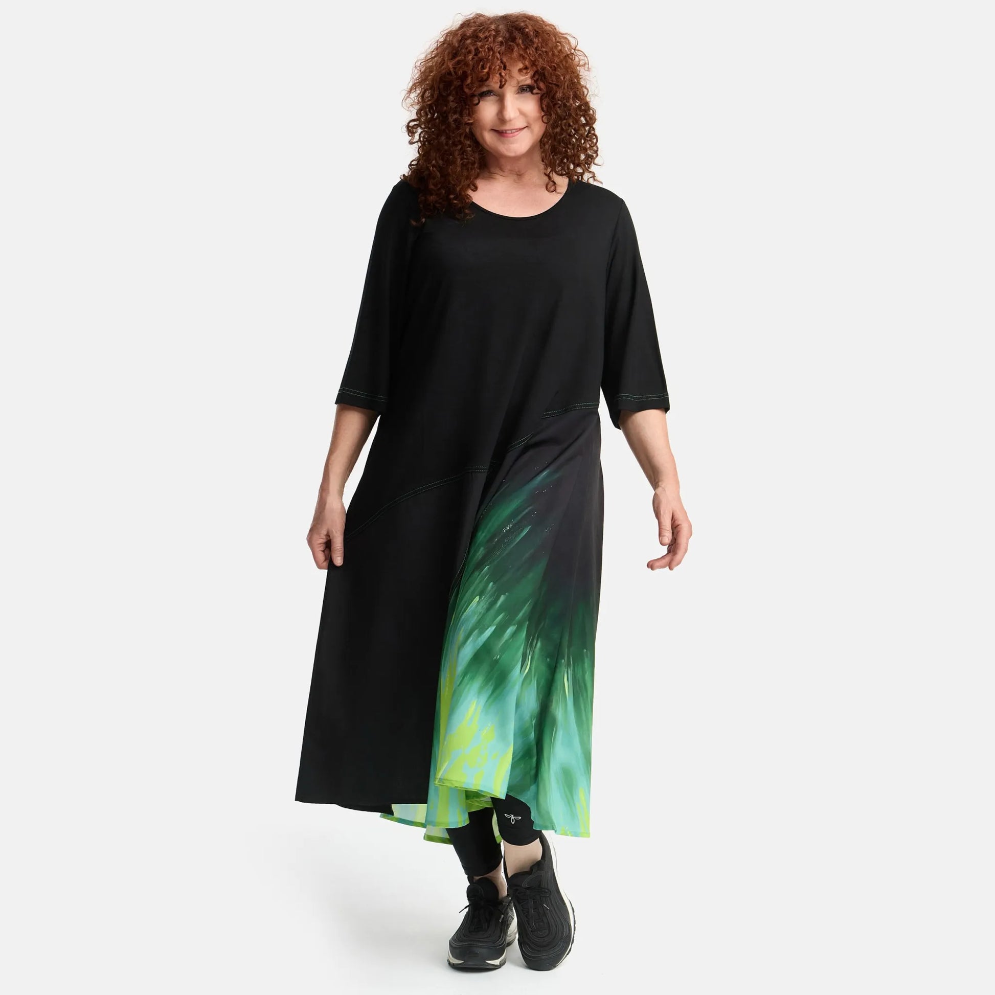 A-Form Kleid von Frenzi aus Viskose, F1516, Schwarz-Grün-Print, Schick, Modern, Bequem, Schick