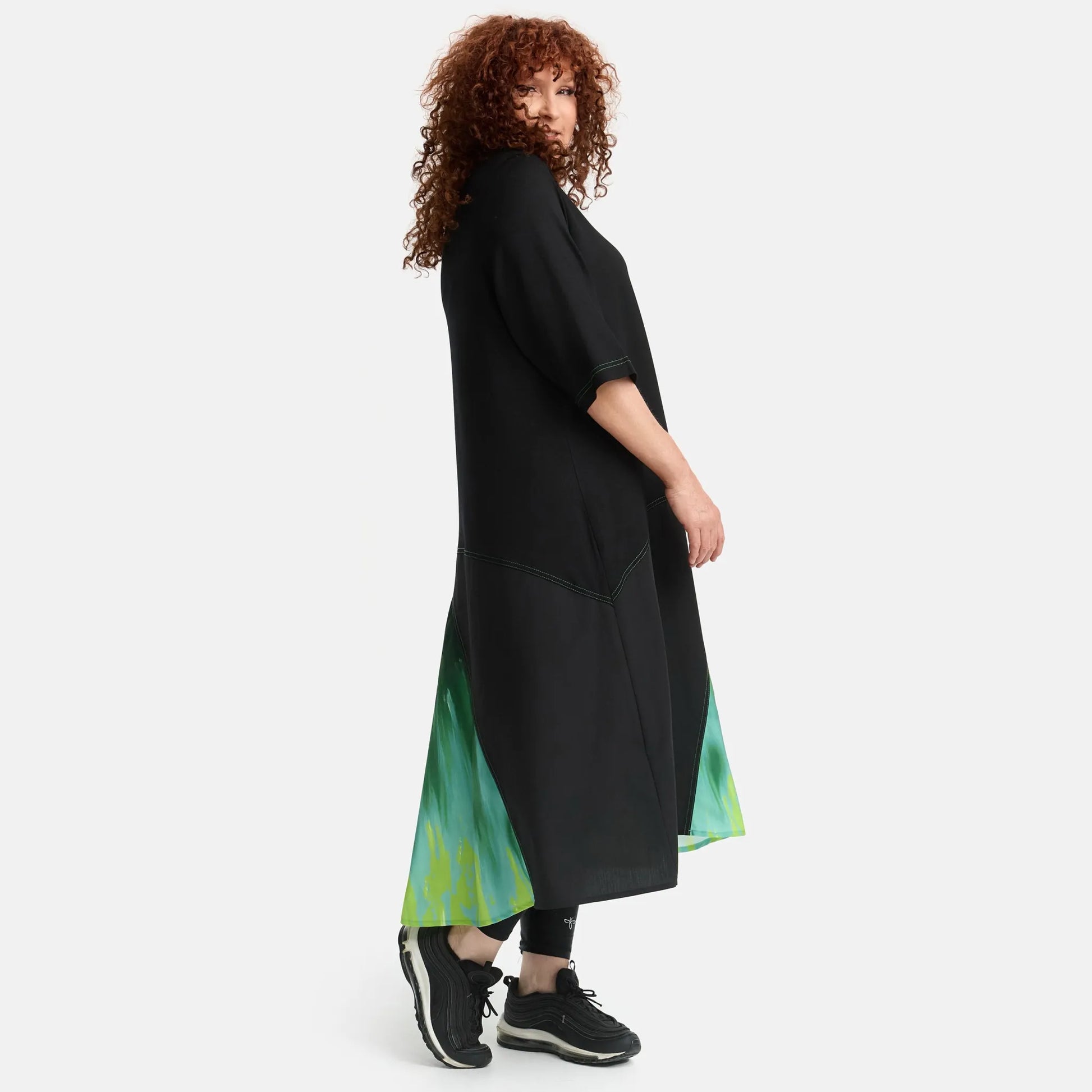 A-Form Kleid von Frenzi aus Viskose, F1516, Schwarz-Grün-Print, Schick, Modern, Bequem, Schick
