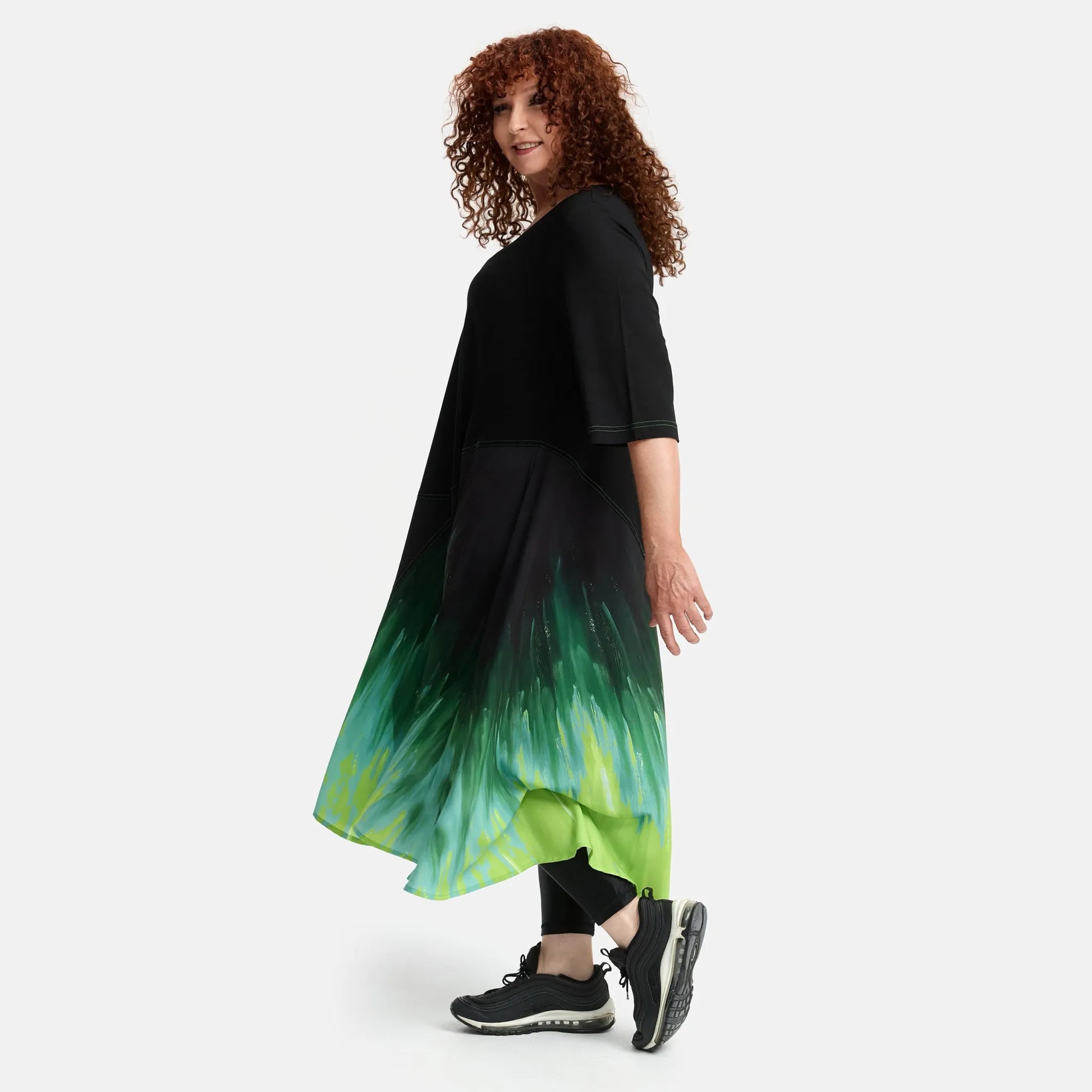 A-Form Kleid von Frenzi aus Viskose, F1516, Schwarz-Grün-Print, Schick, Modern, Bequem, Schick