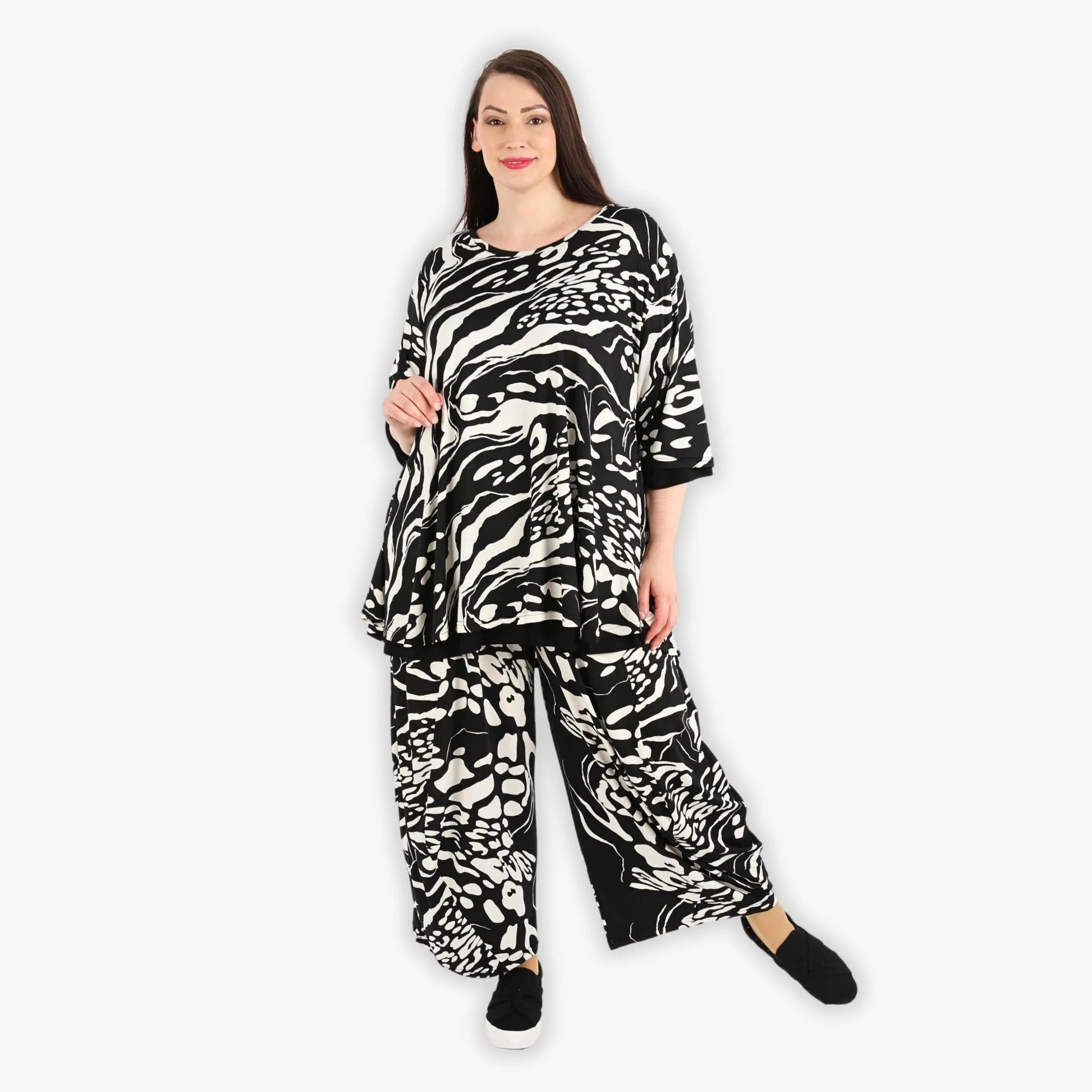AKH Fashion Shirt in Glocken-Form, aus Viskose, 1290.01892, Schwarz-Ecru, Abstrakt