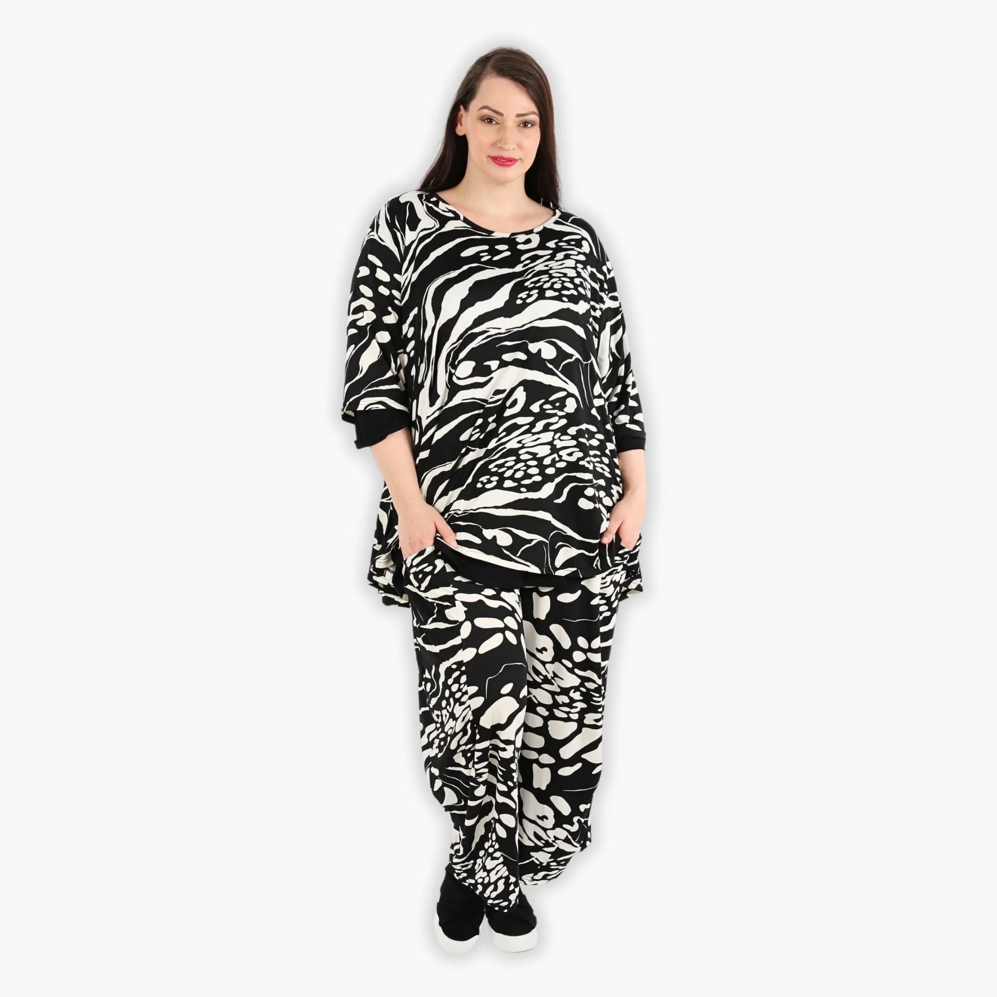 AKH Fashion Shirt in Glocken-Form, aus Viskose, 1290.01892, Schwarz-Ecru, Abstrakt