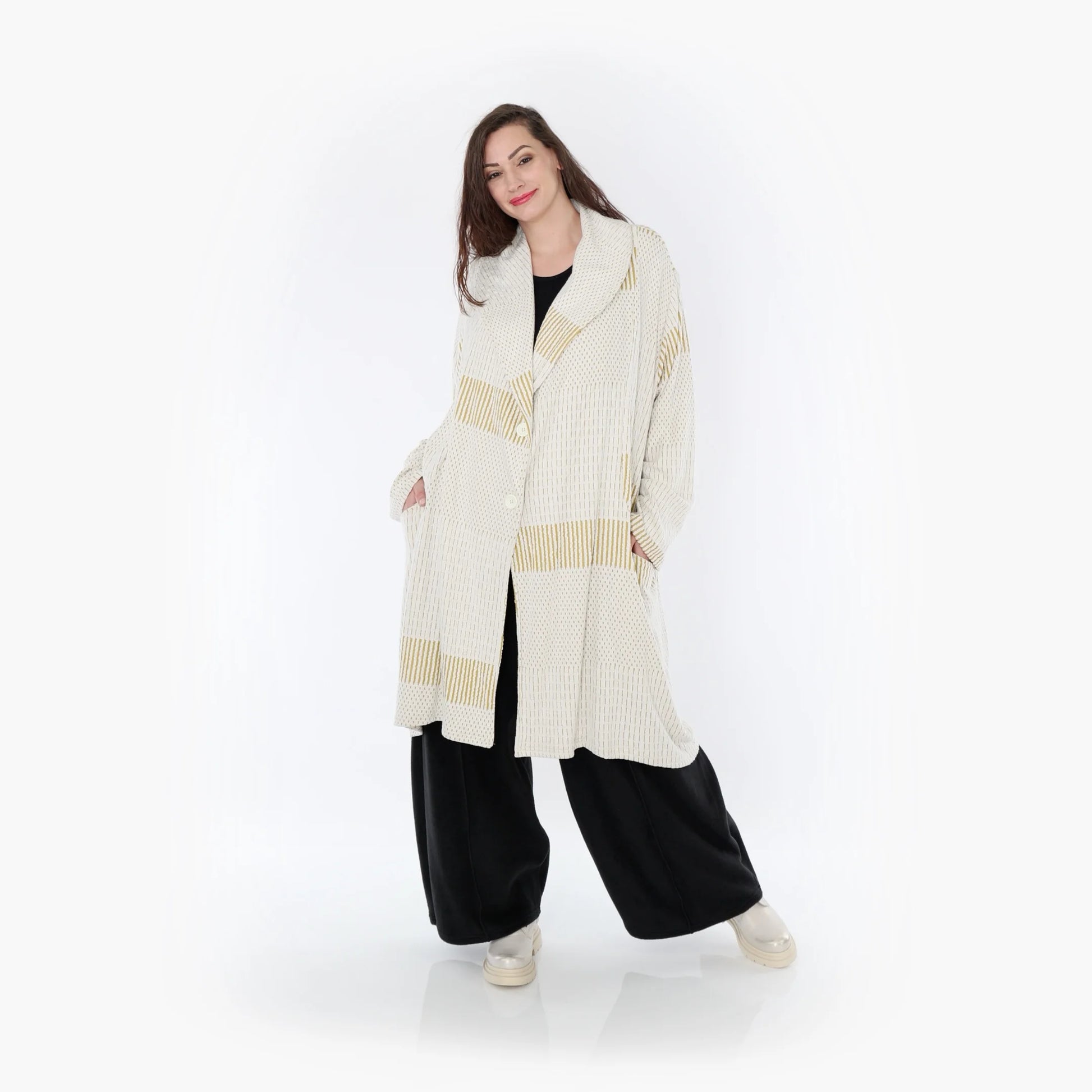 Ballonmantel von AKH Fashion aus Viskose, 1377.02494, Senf-Ecru, Gerippt, Schick, Modern