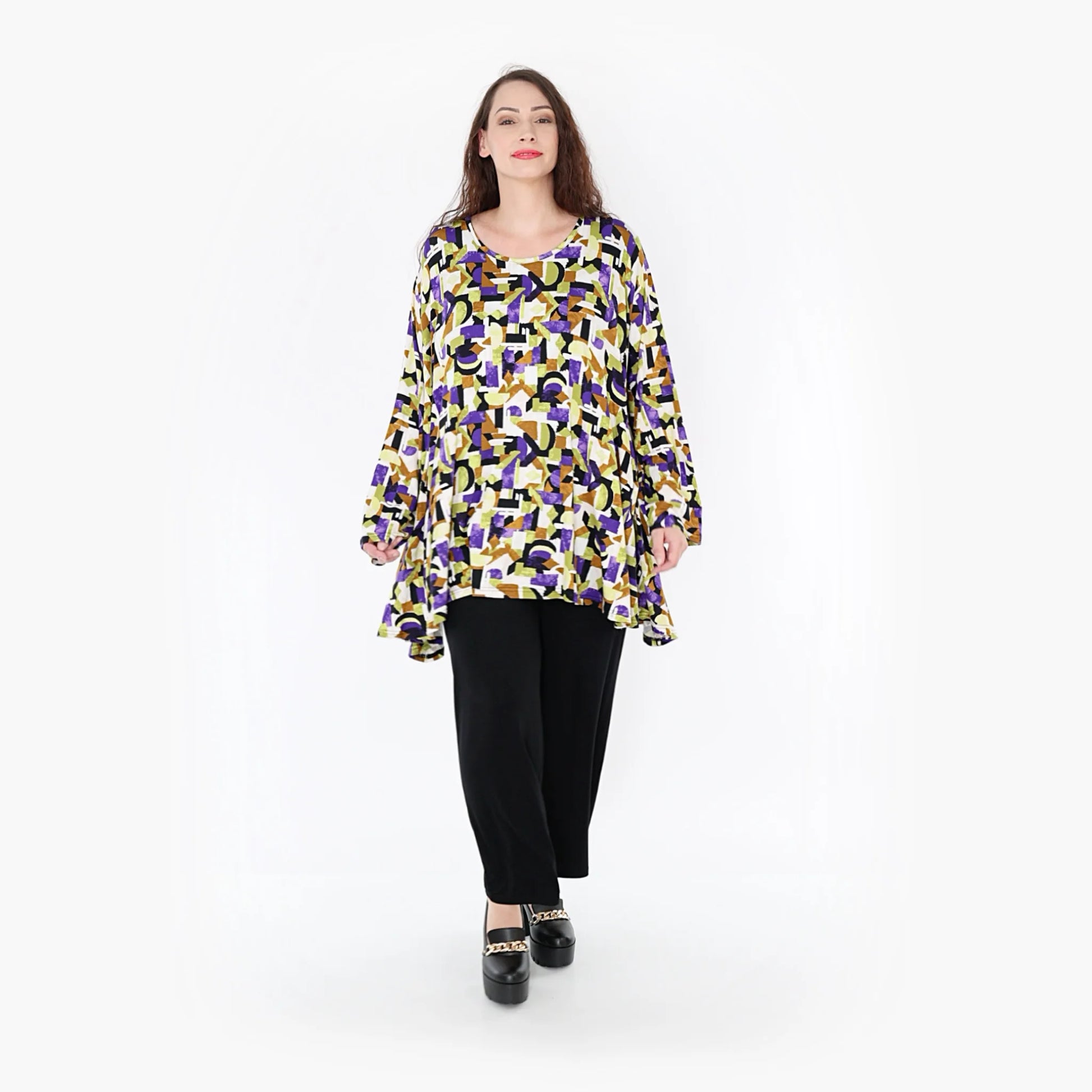 A-Form Bigshirt von AKH Fashion aus Viskose, 1345.00593, Violett-Lime-Schwarz, Grafik