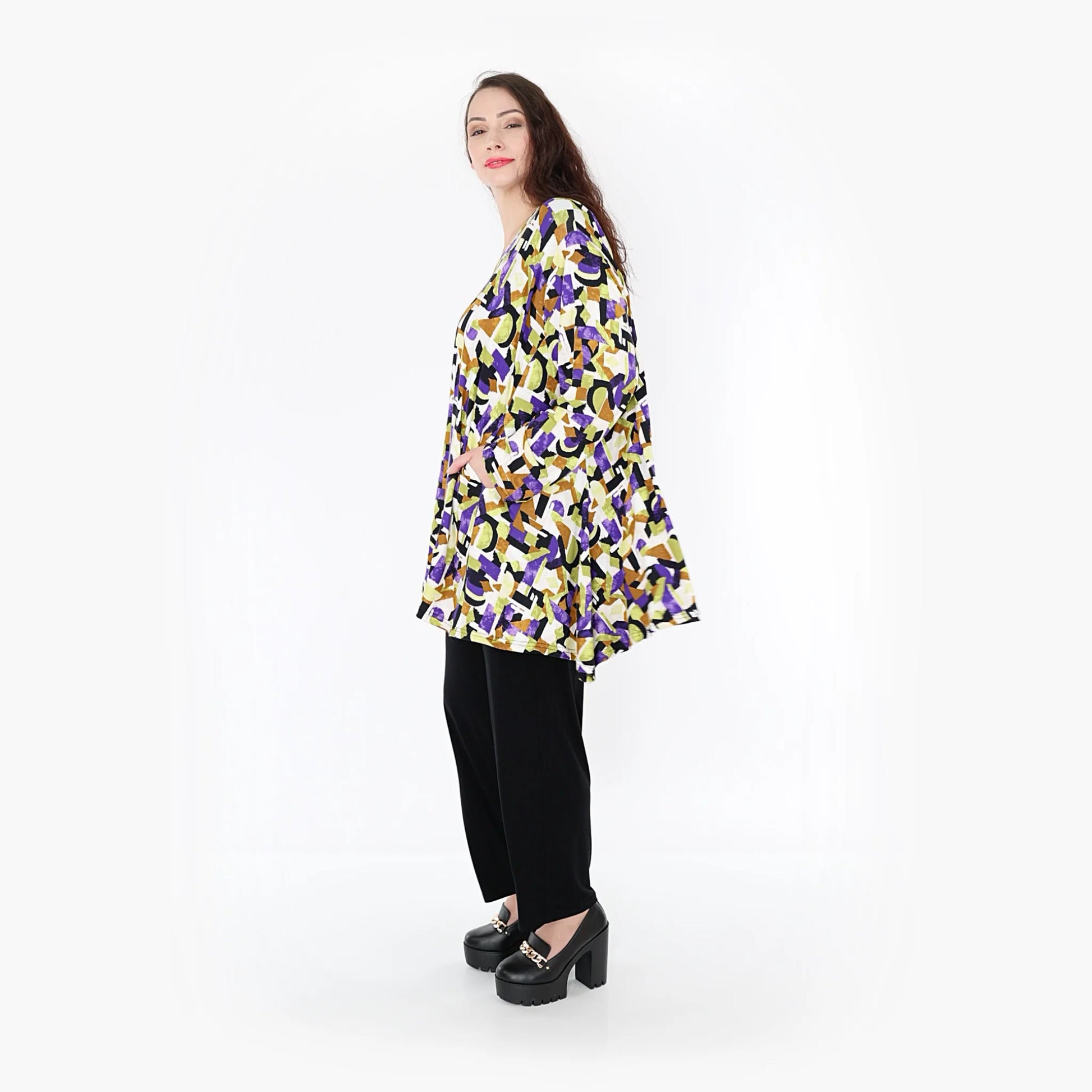 A-Form Bigshirt von AKH Fashion aus Viskose, 1345.00593, Violett-Lime-Schwarz, Grafik