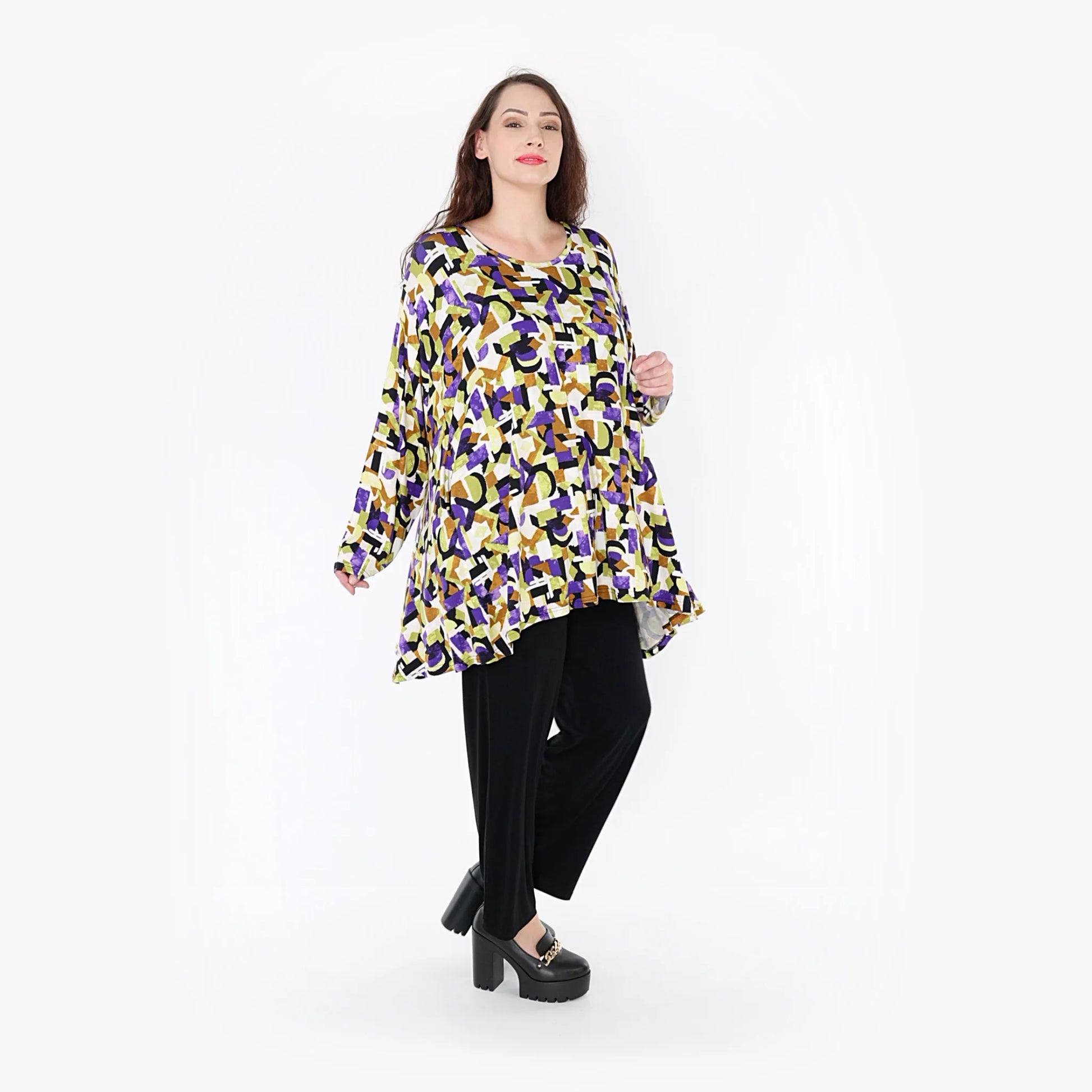 A-Form Bigshirt von AKH Fashion aus Viskose, 1345.00593, Violett-Lime-Schwarz, Grafik