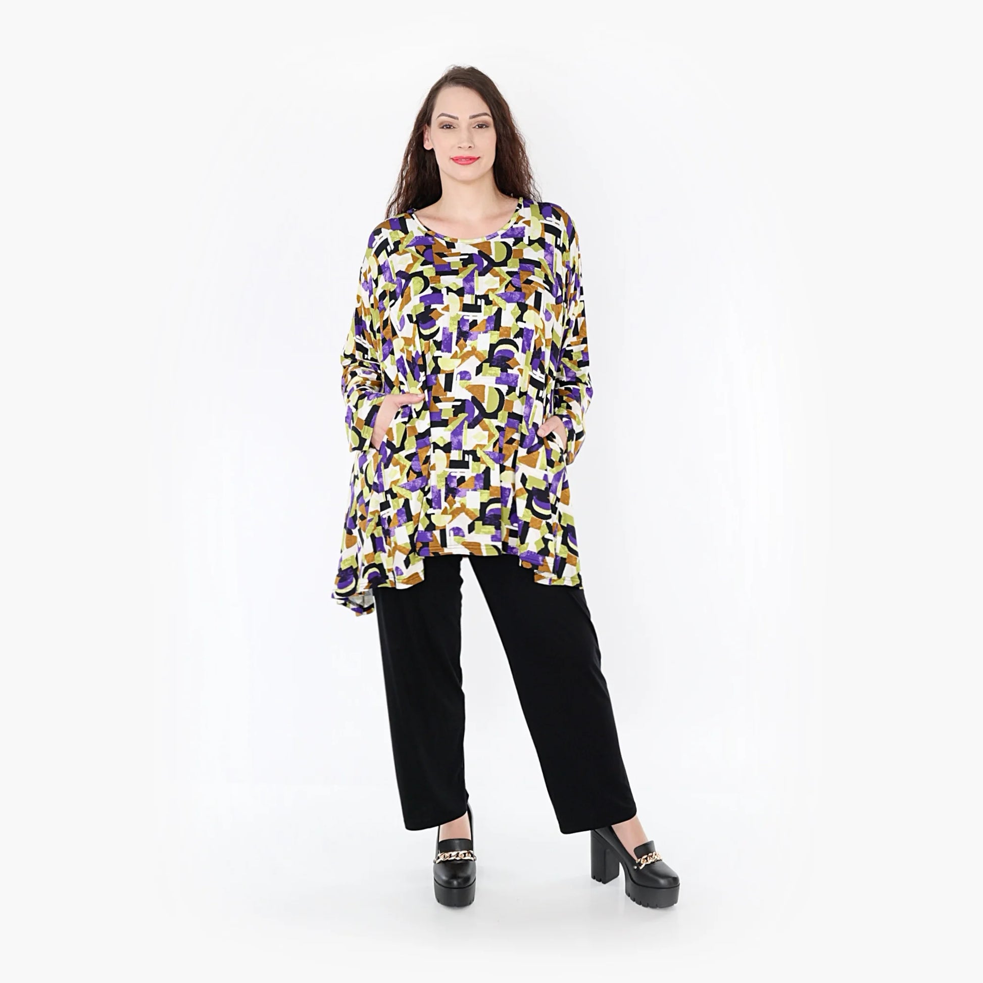 A-Form Bigshirt von AKH Fashion aus Viskose, 1345.00593, Violett-Lime-Schwarz, Grafik