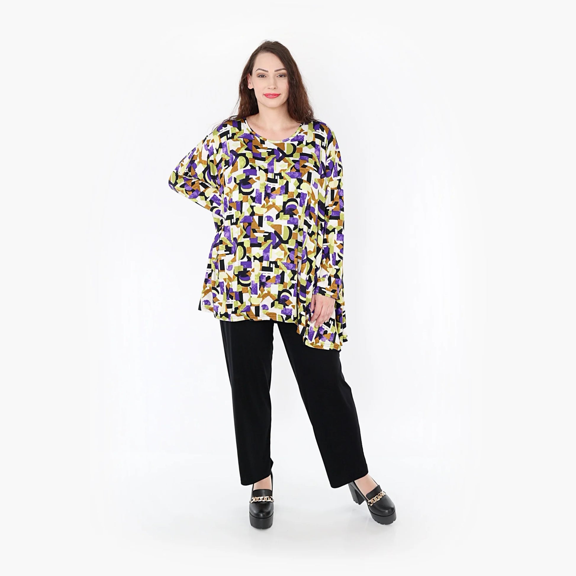 A-Form Bigshirt von AKH Fashion aus Viskose, 1345.00593, Violett-Lime-Schwarz, Grafik