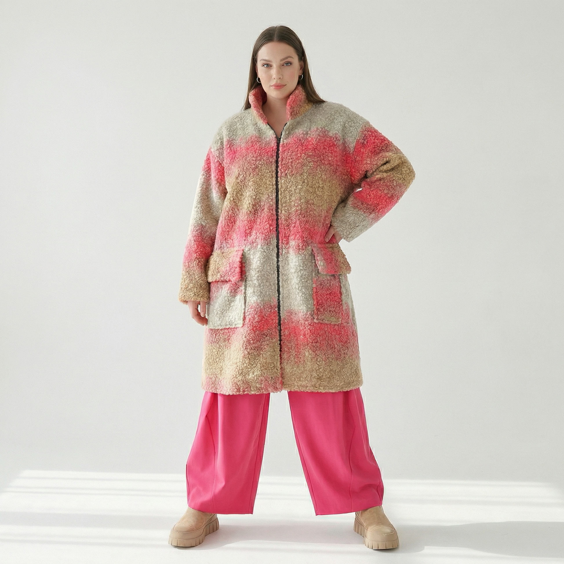  AKH Fashion Mantel in gerader Form, aus Polyester, 1543.06656, Sand/Fuchsia, TwoTone