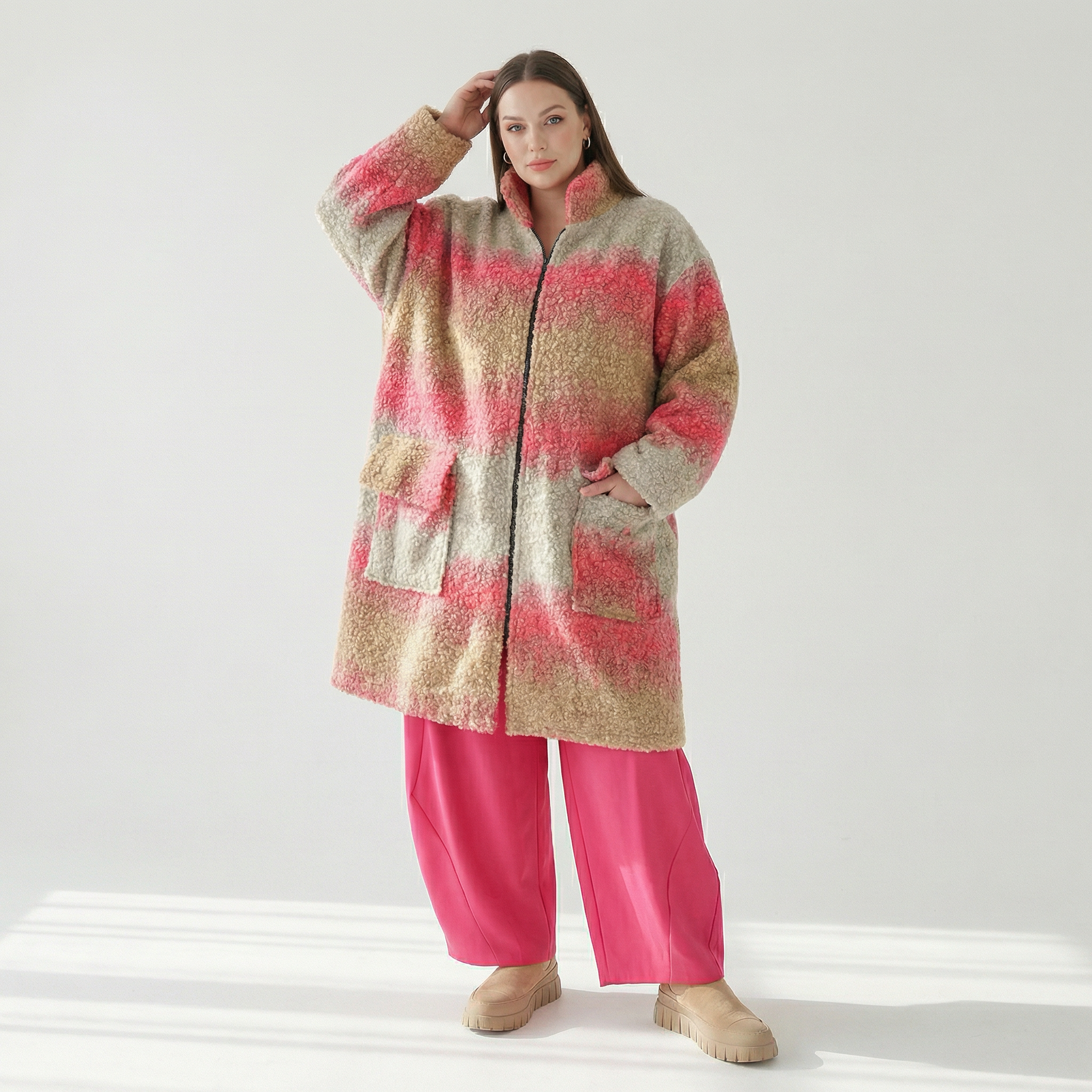  AKH Fashion Mantel in gerader Form, aus Polyester, 1543.06656, Sand/Fuchsia, TwoTone