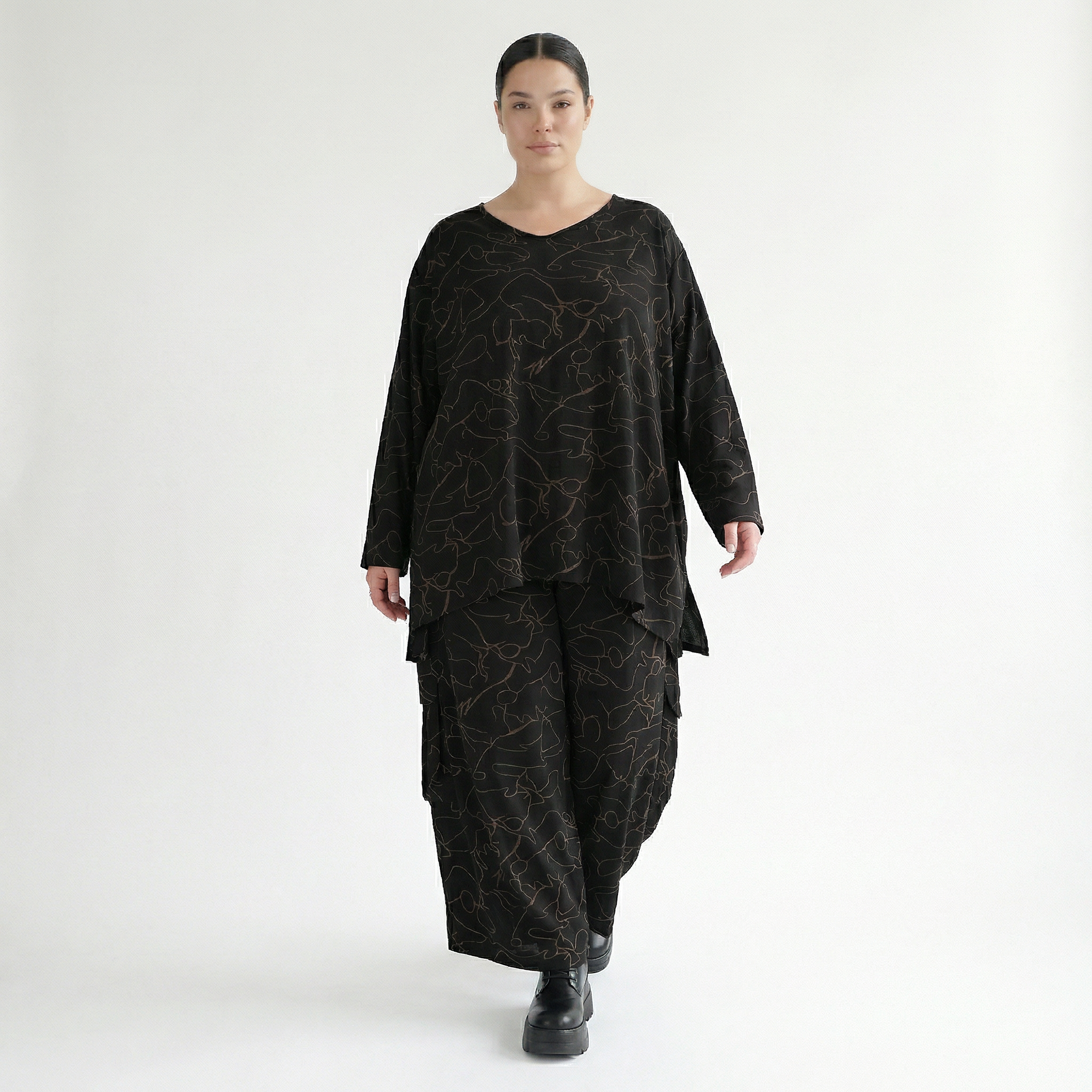  A-Form Bigshirt von AKH Fashion aus Viskose, 1545.00593, Schwarz/Braun, Kringel, Ausgefallen