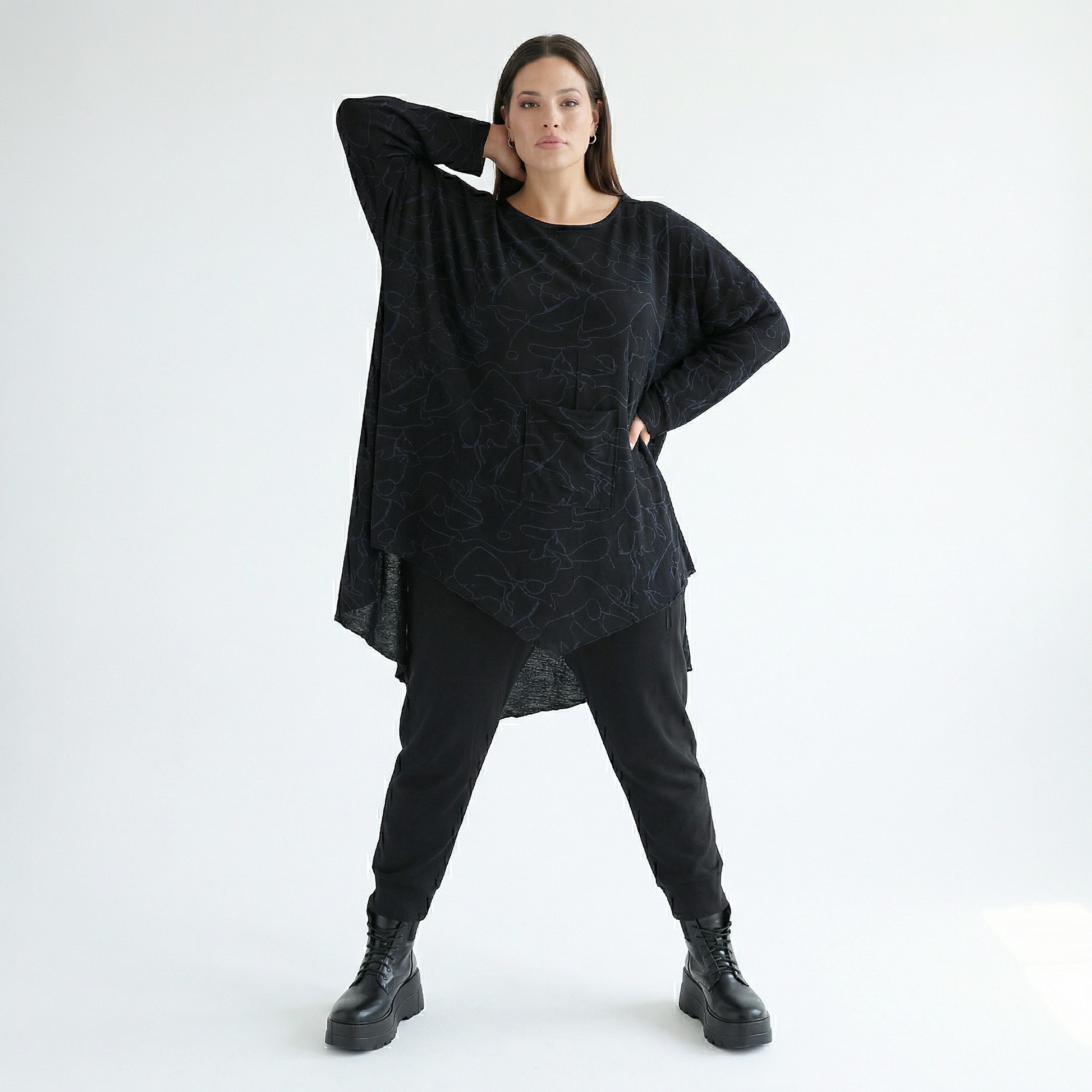  A-Form Bigshirt von AKH Fashion aus Viskose, 1545.07138, Schwarz/Blau, Kringel, Ausgefallen