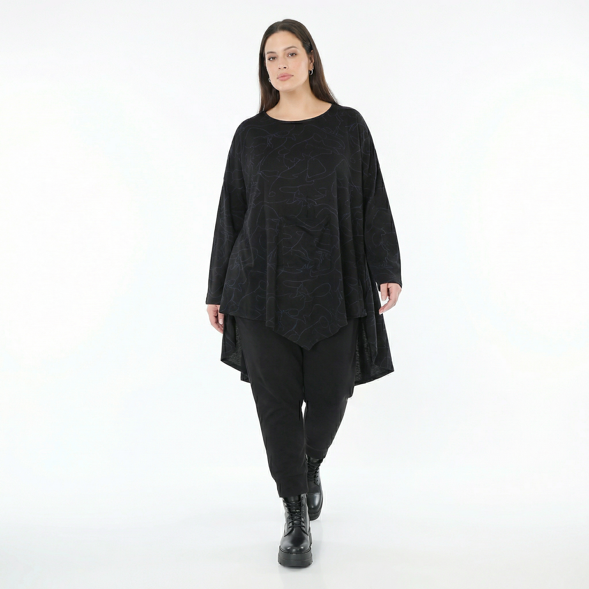  A-Form Bigshirt von AKH Fashion aus Viskose, 1545.07138, Schwarz/Blau, Kringel, Ausgefallen