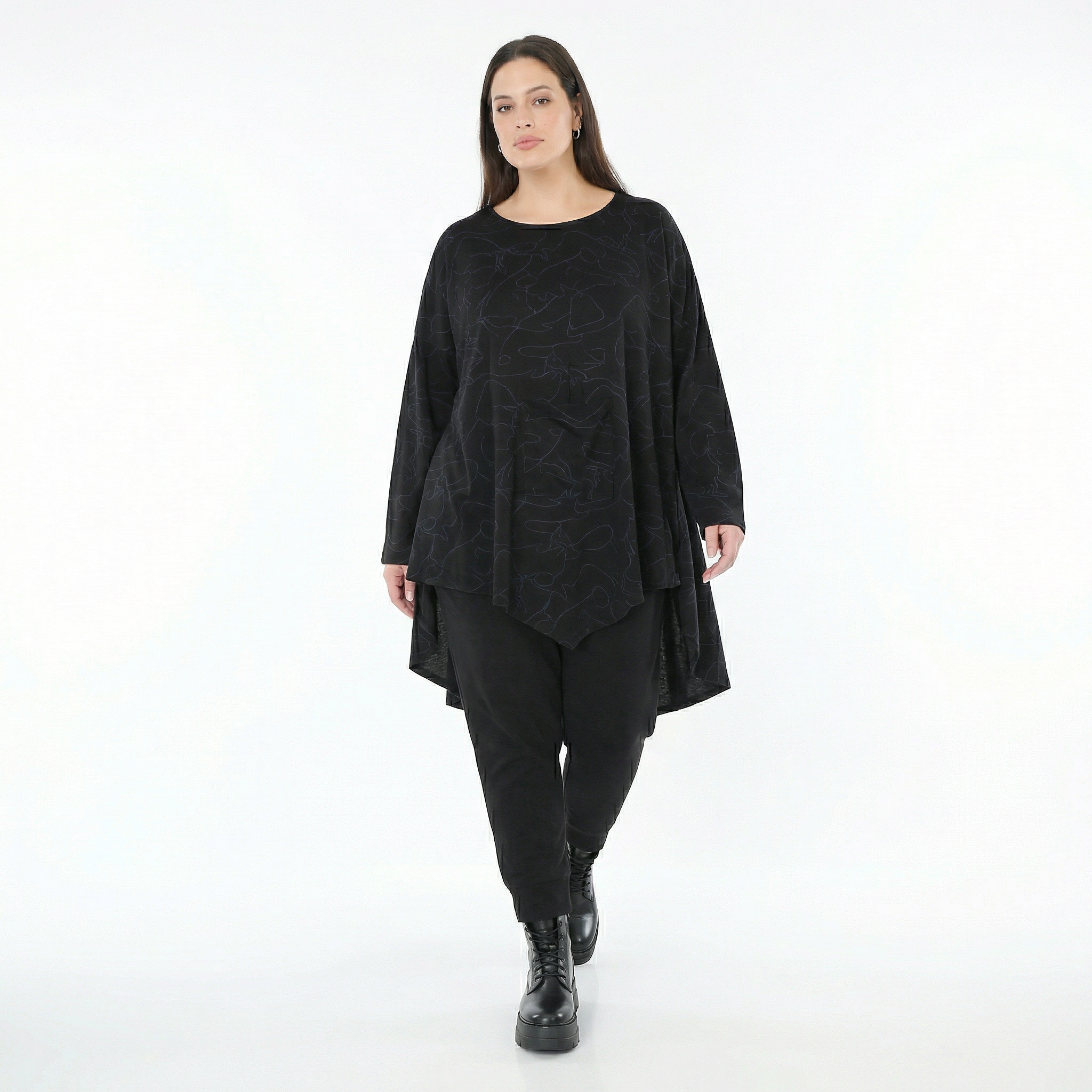  A-Form Bigshirt von AKH Fashion aus Viskose, 1545.07138, Schwarz/Blau, Kringel, Ausgefallen
