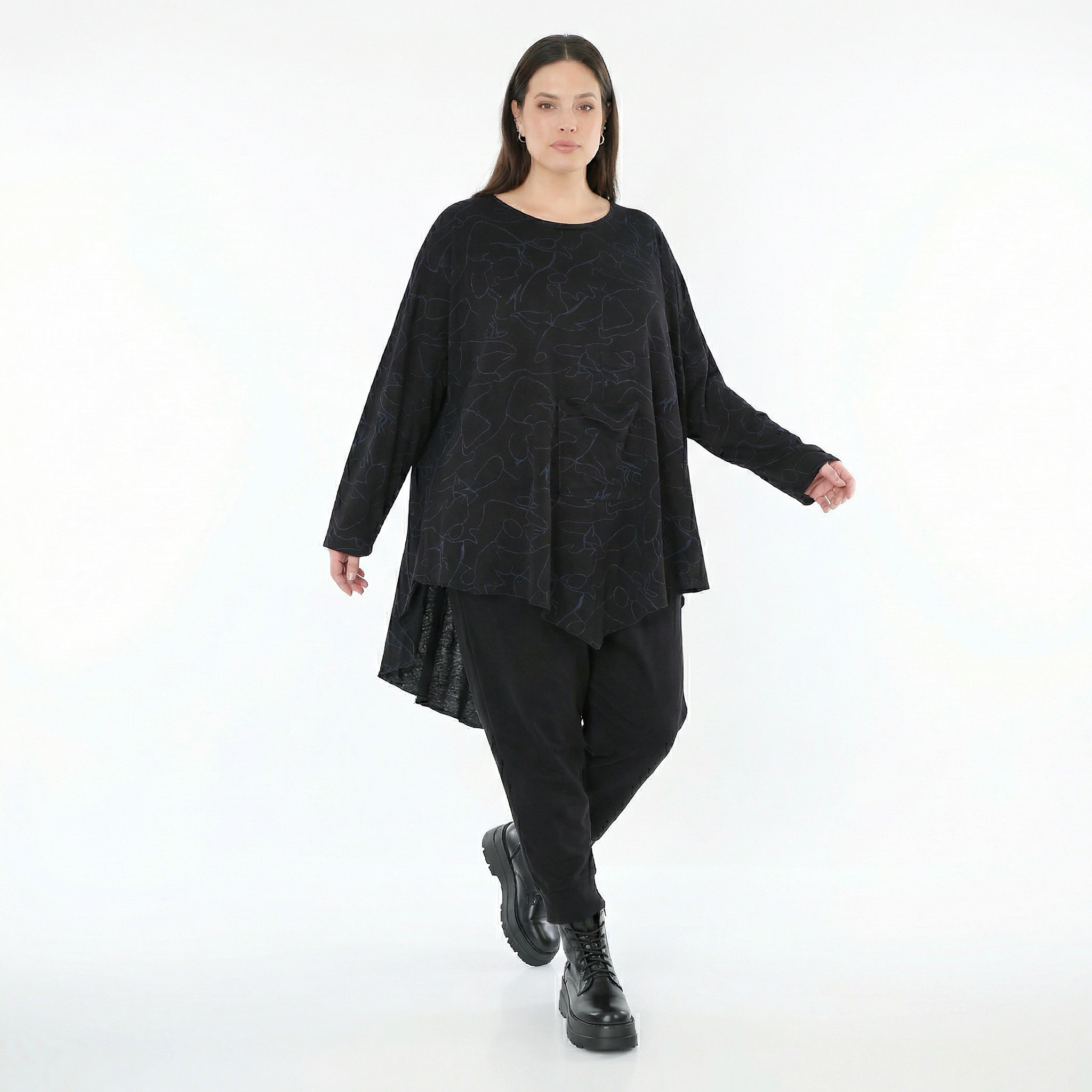  A-Form Bigshirt von AKH Fashion aus Viskose, 1545.07138, Schwarz/Blau, Kringel, Ausgefallen