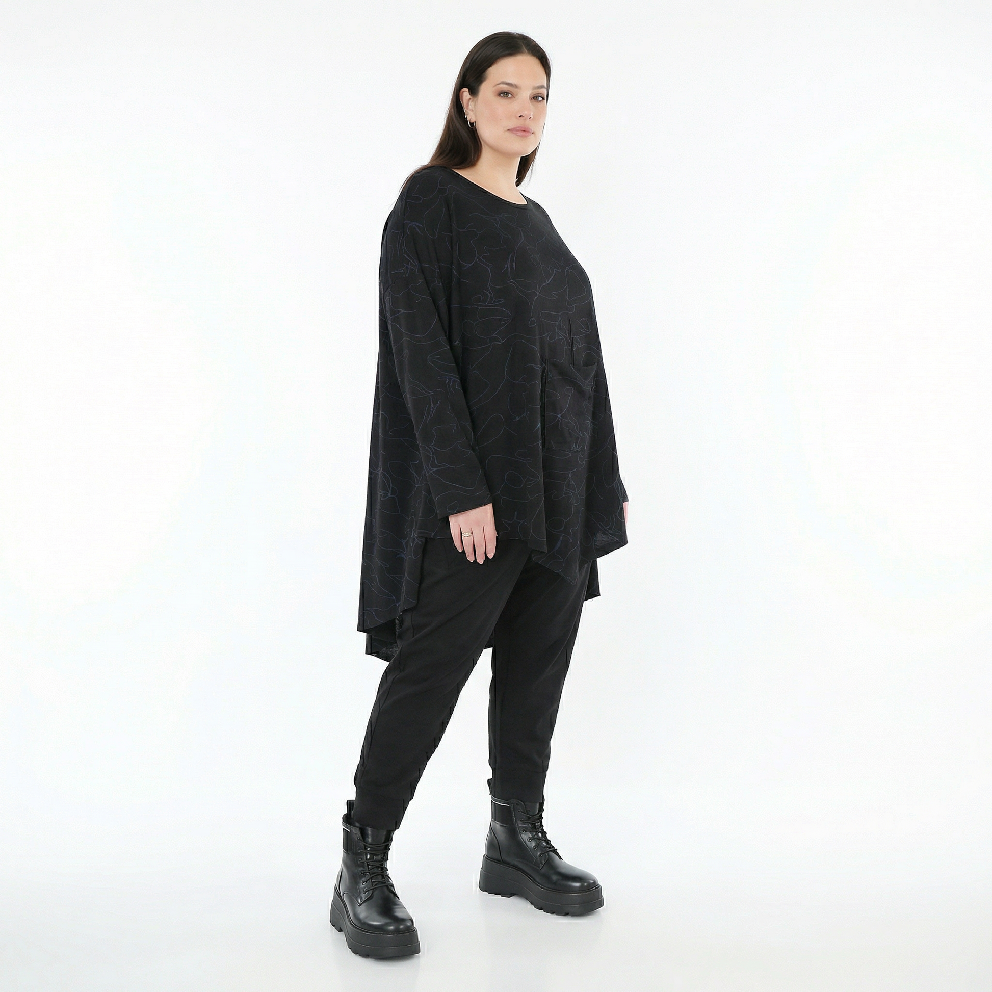  A-Form Bigshirt von AKH Fashion aus Viskose, 1545.07138, Schwarz/Blau, Kringel, Ausgefallen