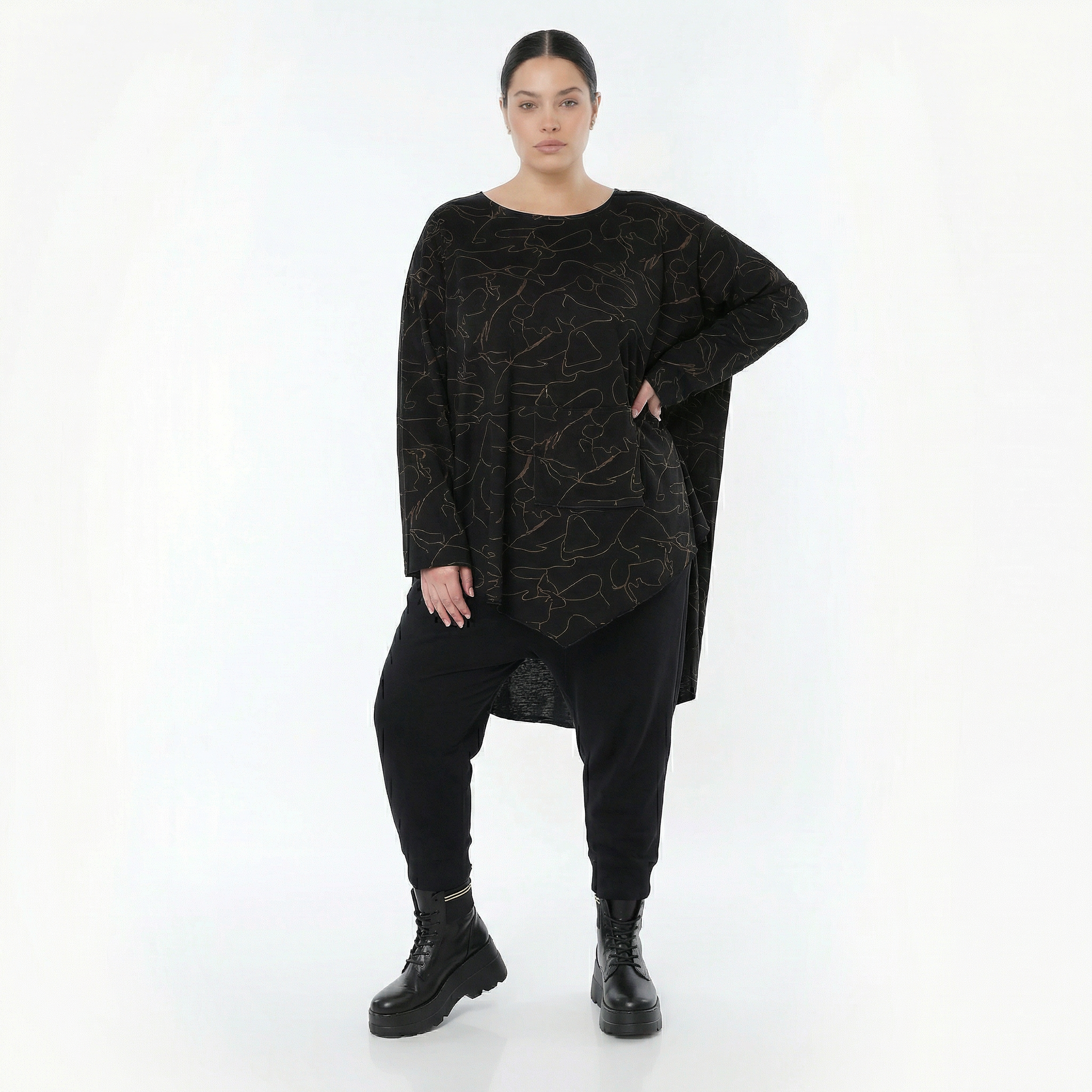  A-Form Bigshirt von AKH Fashion aus Viskose, 1545.07138, Schwarz/Braun, Kringel, Ausgefallen