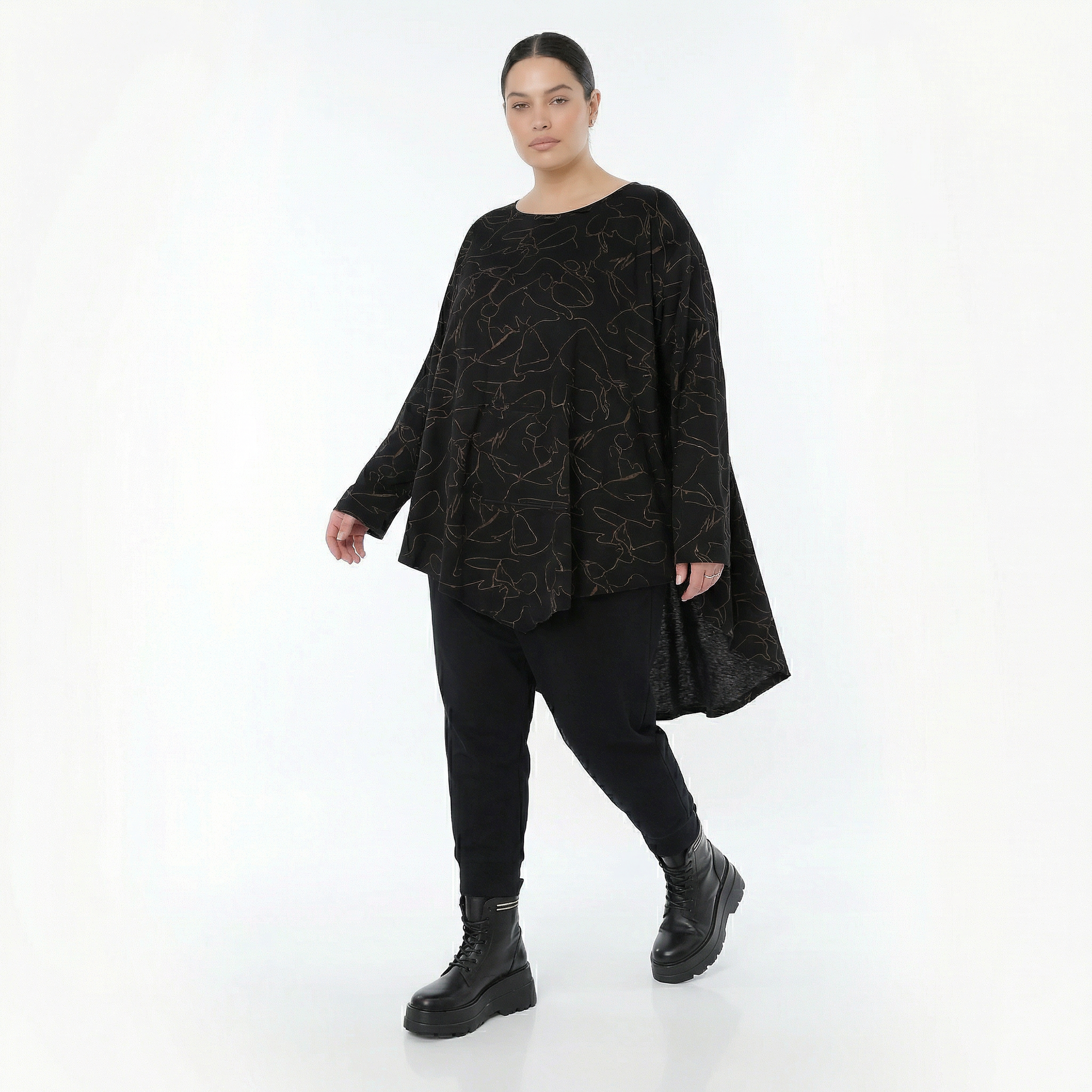  A-Form Bigshirt von AKH Fashion aus Viskose, 1545.07138, Schwarz/Braun, Kringel, Ausgefallen