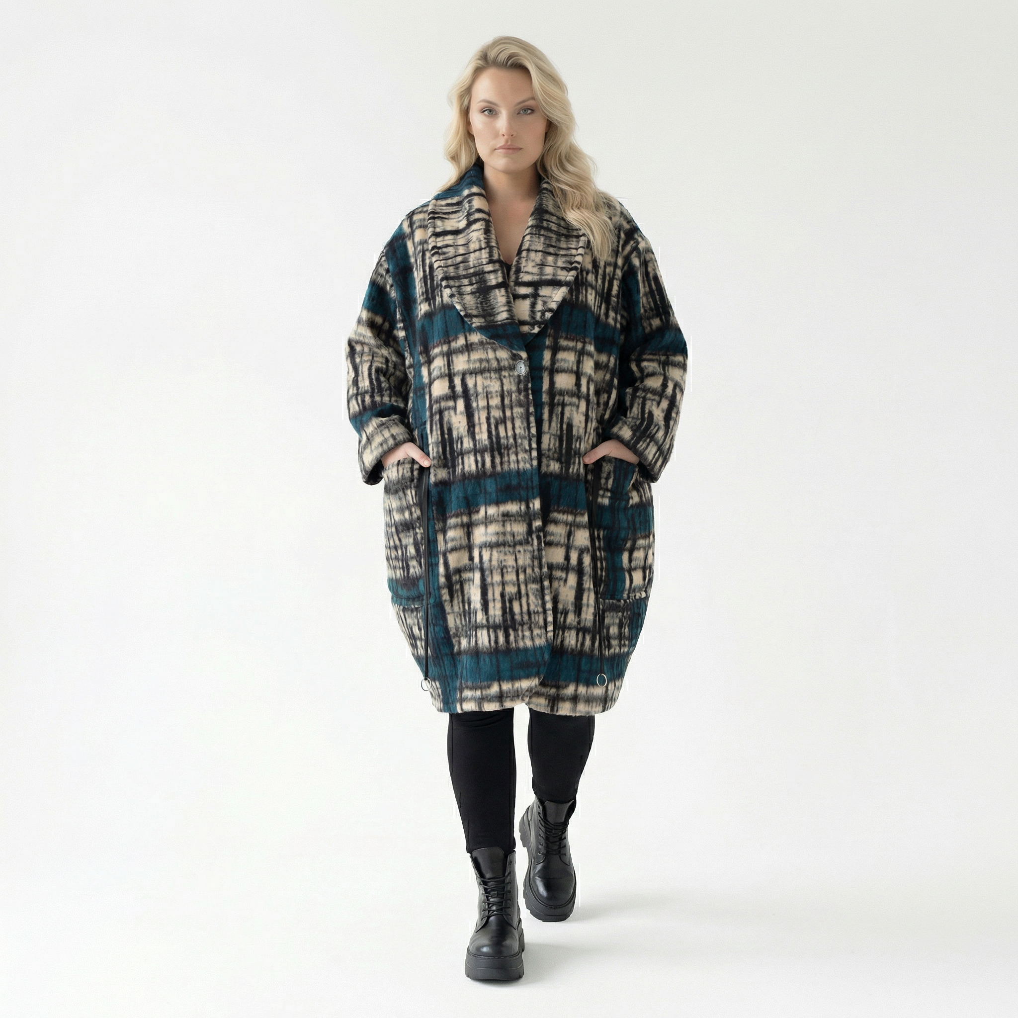  Ballonmantel von AKH Fashion aus Materialmix, 1553.07164, Schwarz/Ecru/Petrol, Kariert