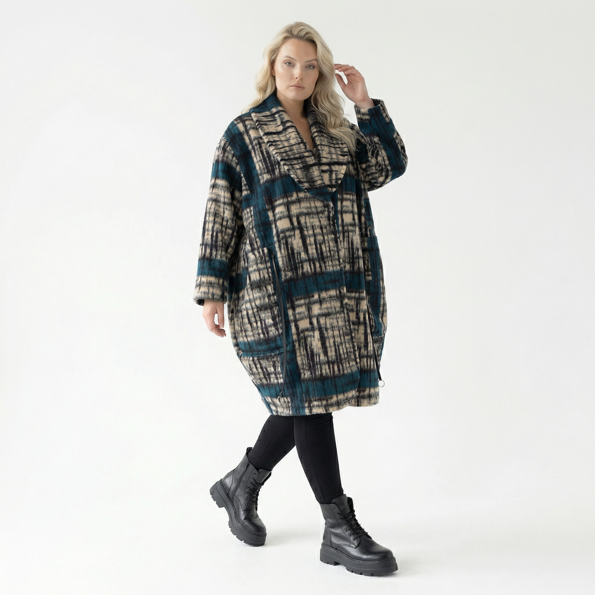  Ballonmantel von AKH Fashion aus Materialmix, 1553.07164, Schwarz/Ecru/Petrol, Kariert