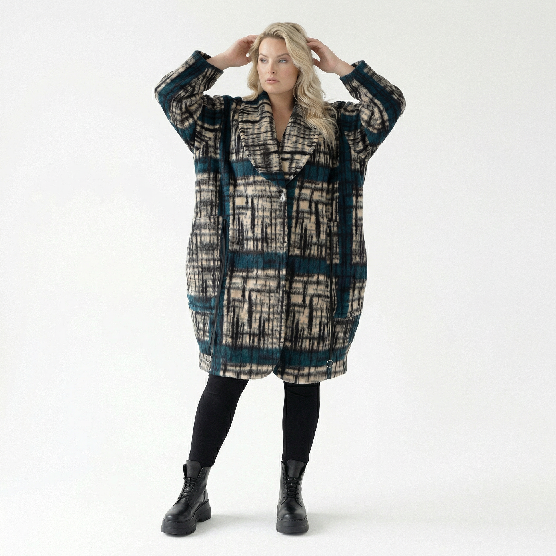  Ballonmantel von AKH Fashion aus Materialmix, 1553.07164, Schwarz/Ecru/Petrol, Kariert