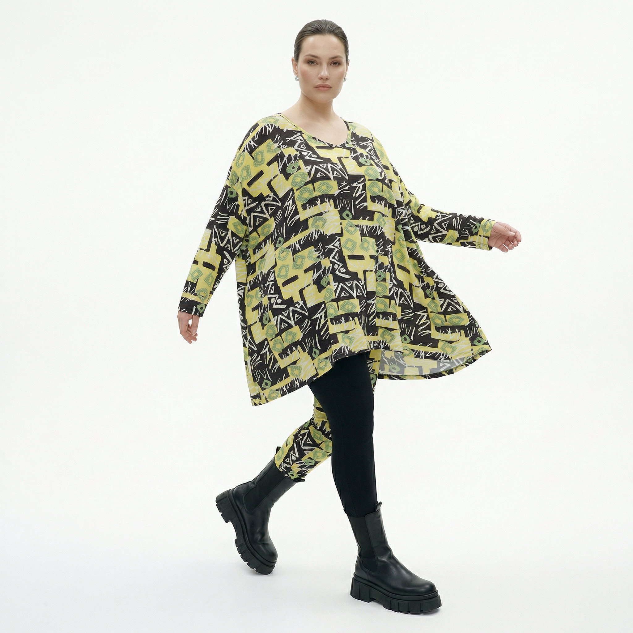  A-Form Bigshirt von AKH Fashion aus Viskose, 1556.00593, Gelb/Multi, Abstrakt, Ausgefallen