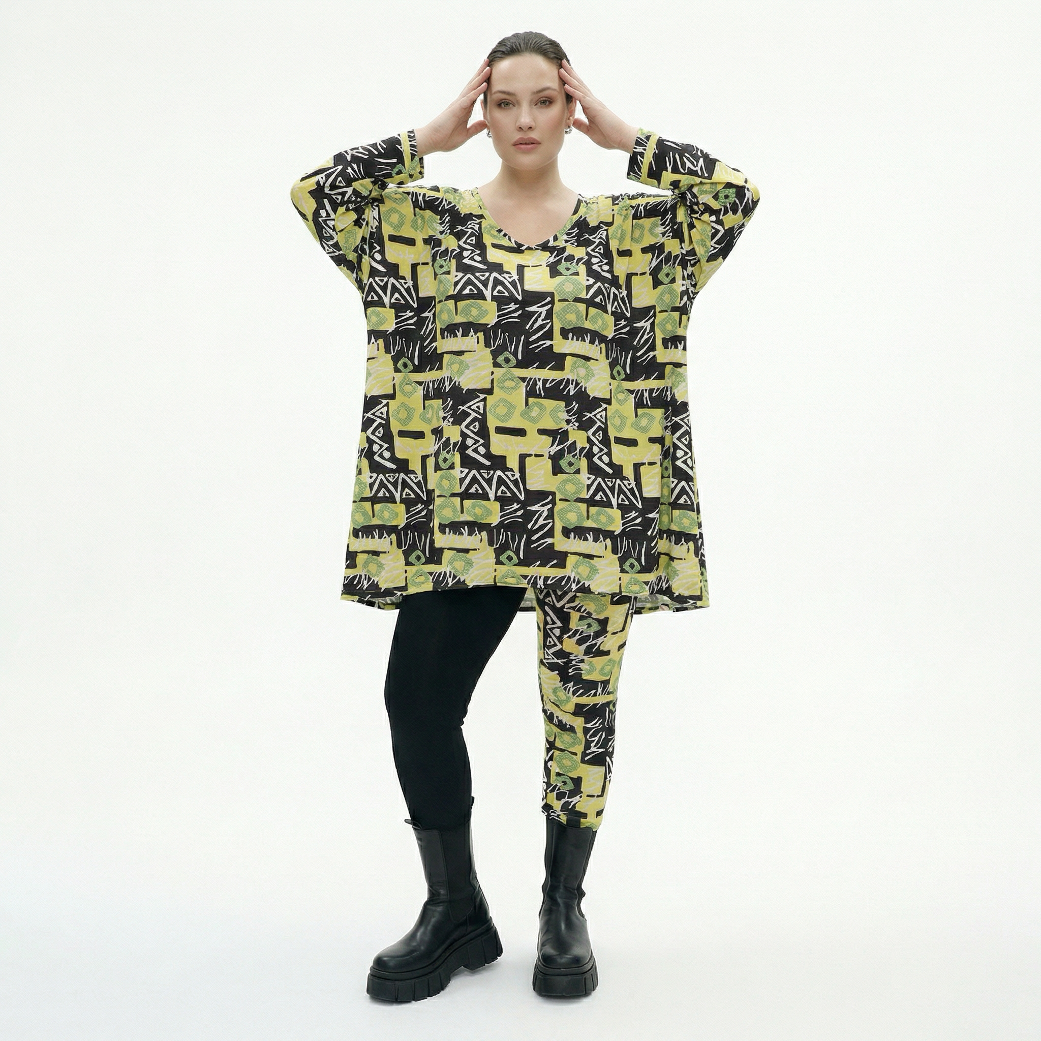  A-Form Bigshirt von AKH Fashion aus Viskose, 1556.00593, Gelb/Multi, Abstrakt, Ausgefallen