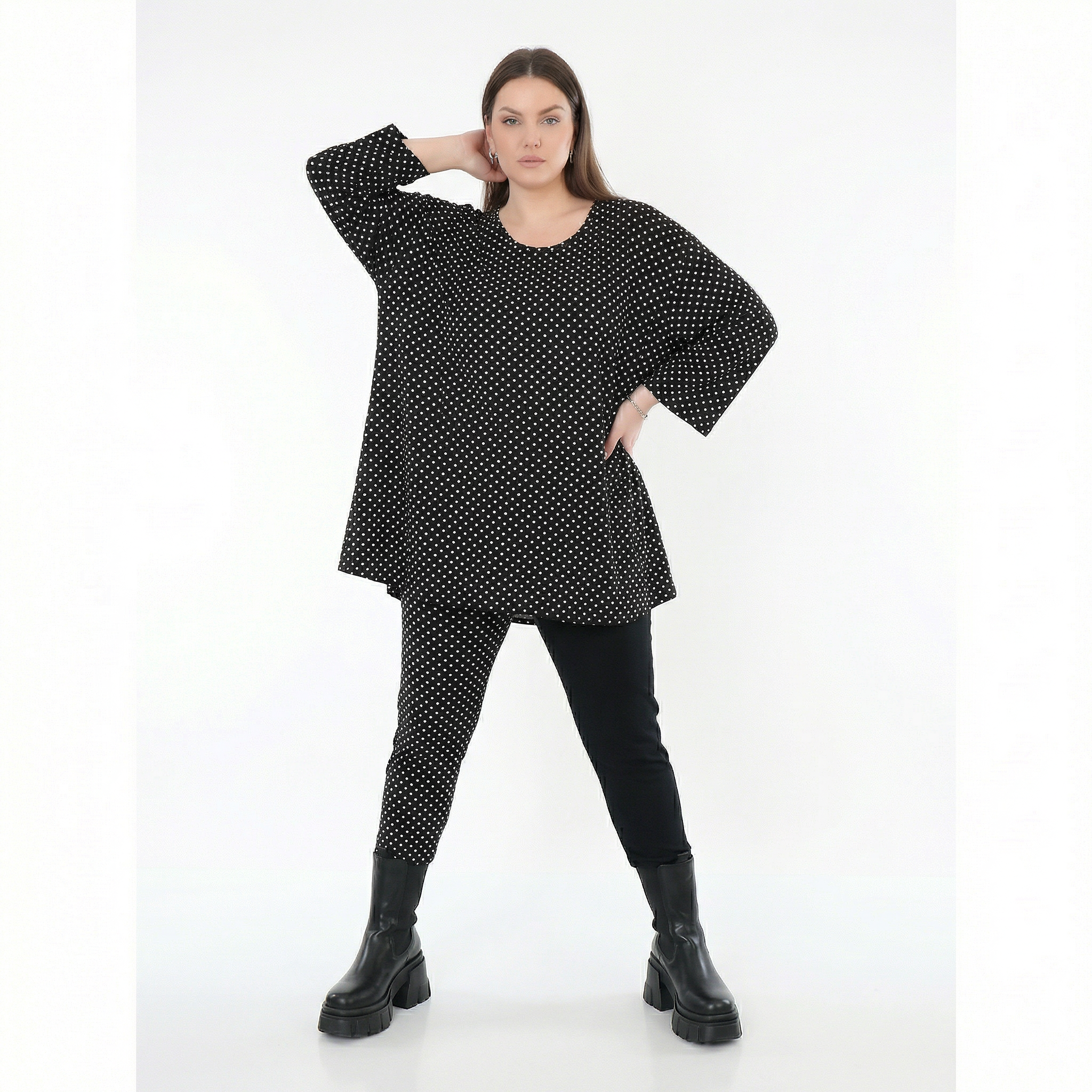  AKH Fashion Shirt in Glocken-Form, aus Viskose, 1557.01892, Schwarz/Weiß, Punkte, Schick