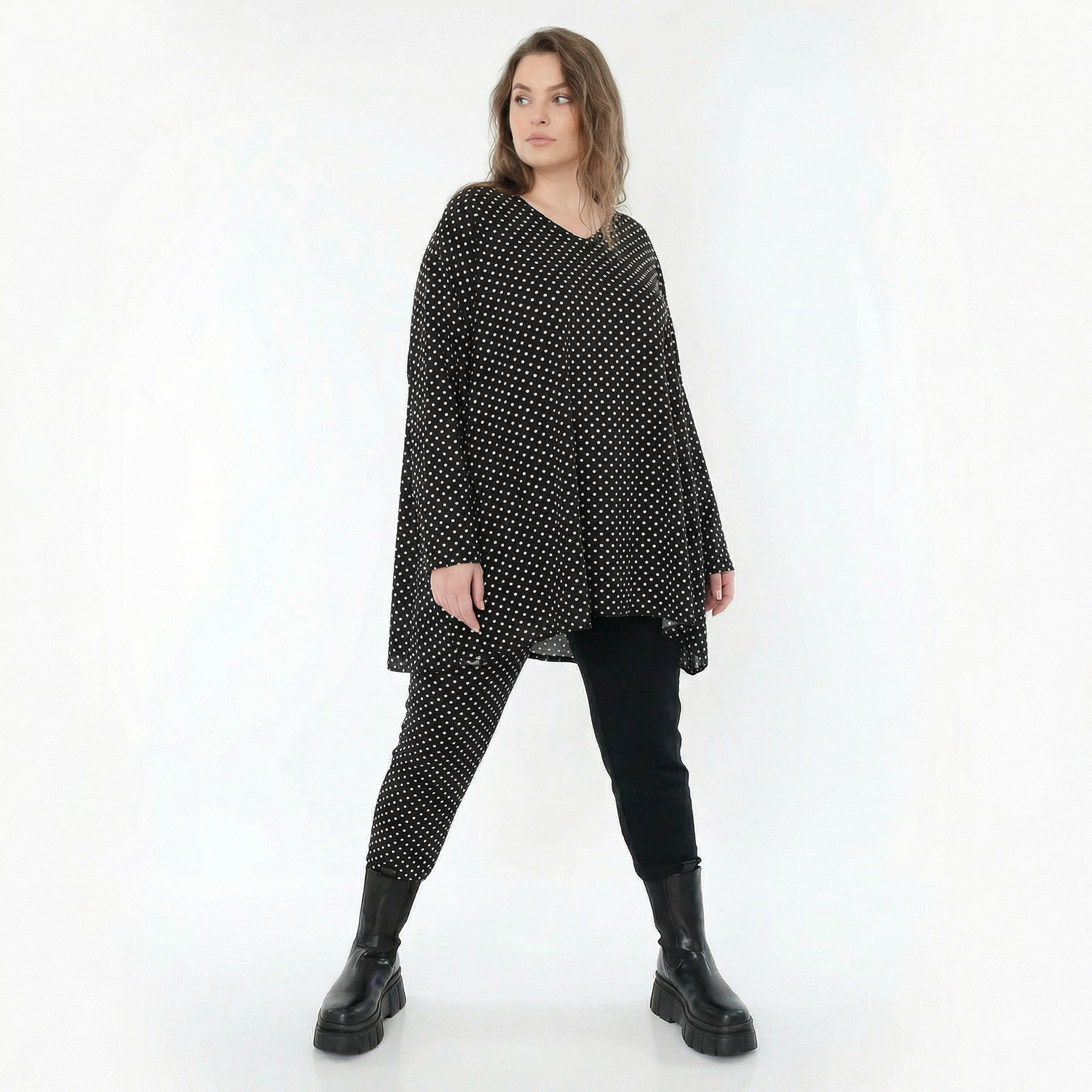  A-Form Bigshirt von AKH Fashion aus Viskose, 1557.00593, Schwarz/Weiß, Punkte, Ausgefallen