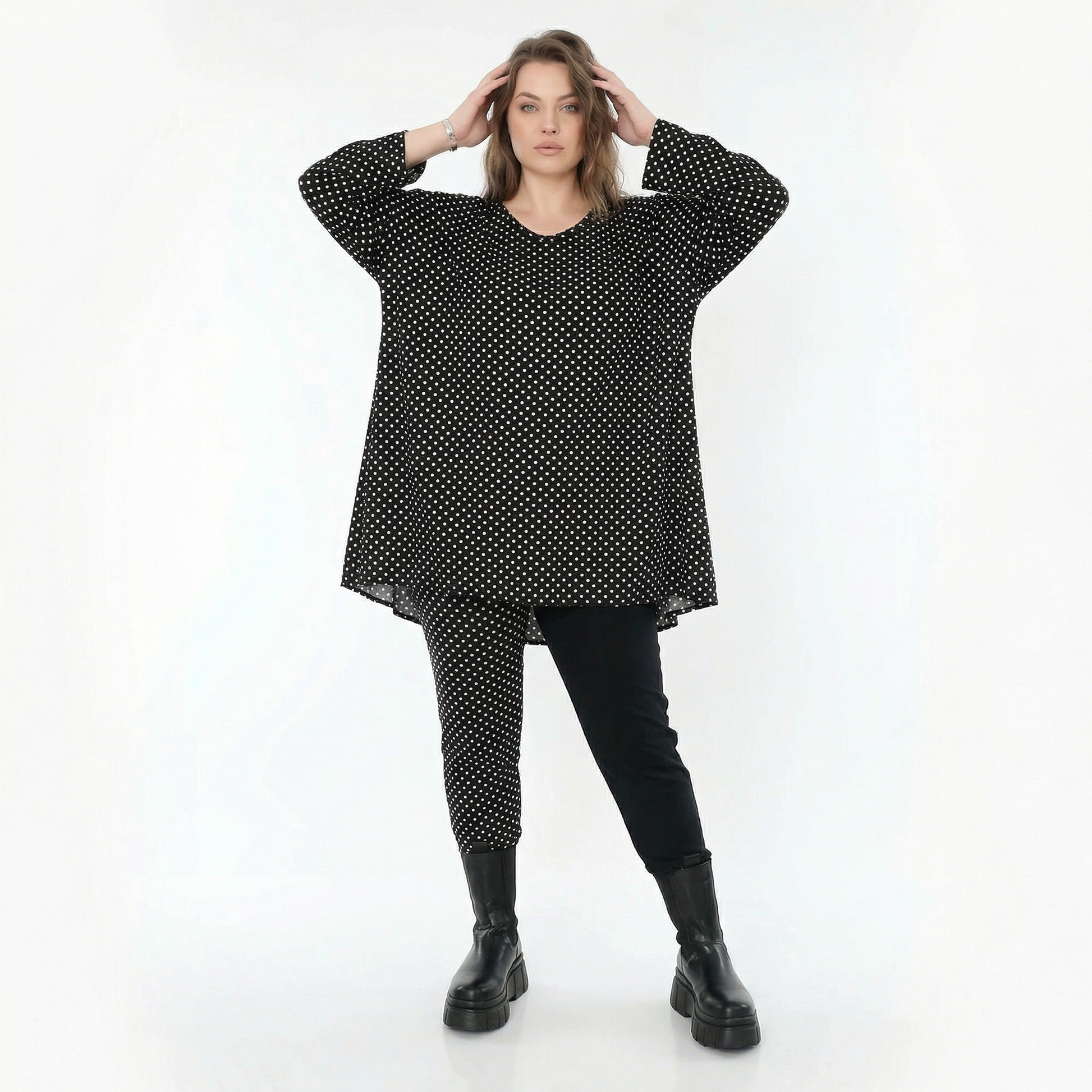  A-Form Bigshirt von AKH Fashion aus Viskose, 1557.00593, Schwarz/Weiß, Punkte, Ausgefallen