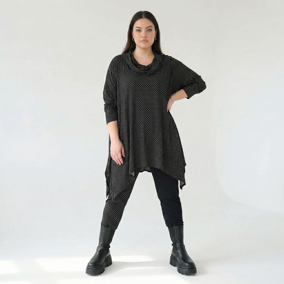  A-Form Bigshirt von AKH Fashion aus Viskose, 1558.03371, Schwarz/Weiß, Punkte, Ausgefallen