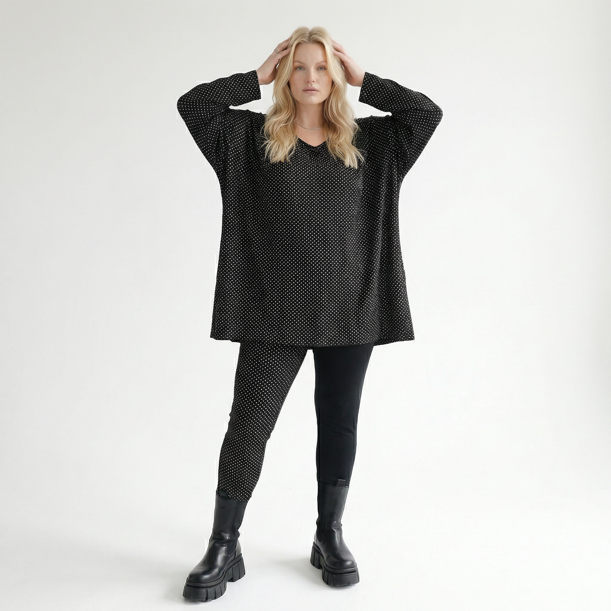  A-Form Bigshirt von AKH Fashion aus Viskose, 1558.00593, Schwarz/Weiß, Punkte, Ausgefallen