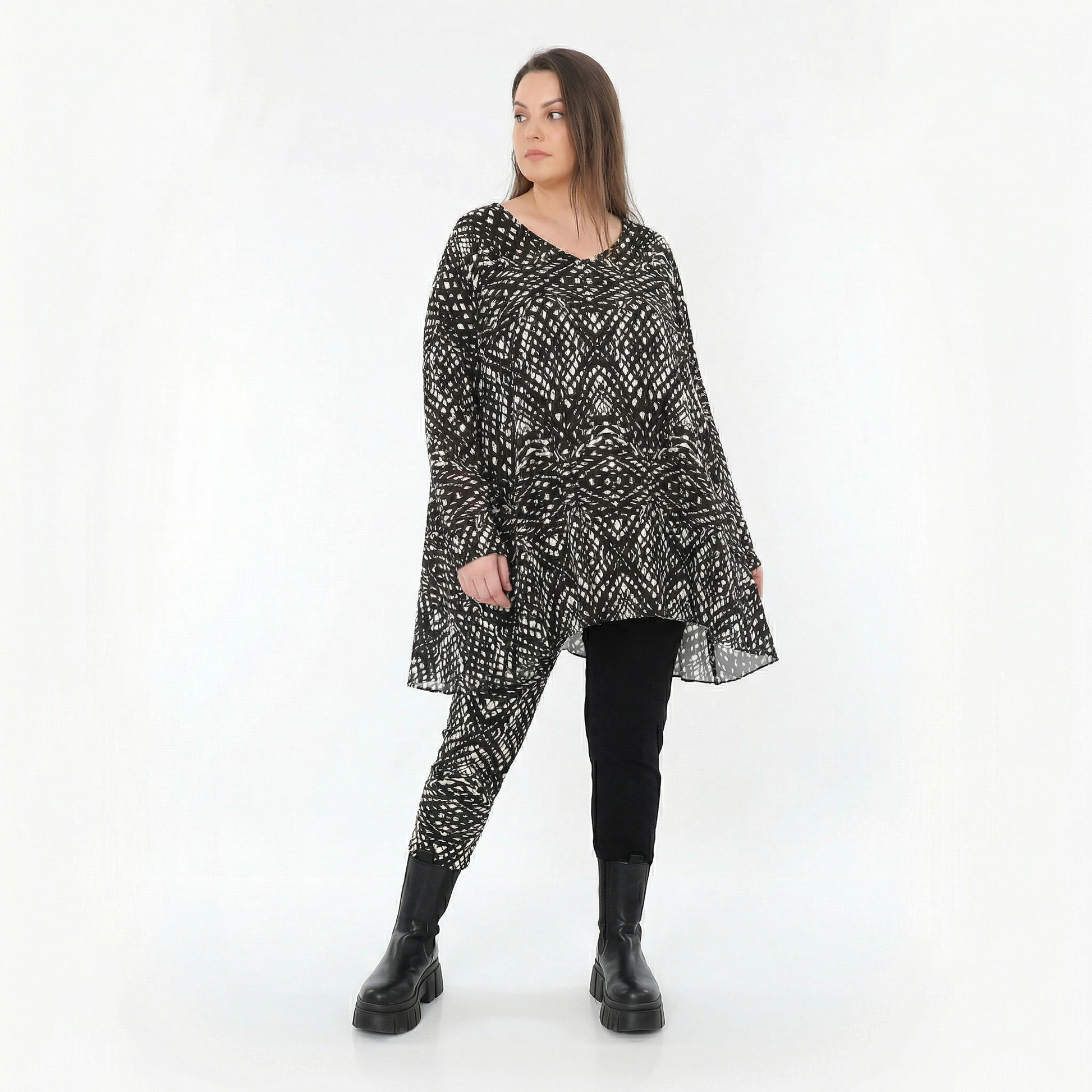  A-Form Bigshirt von AKH Fashion aus Viskose, 1560.00593, Schwarz/Weiß, Abstrakt, Ausgefallen