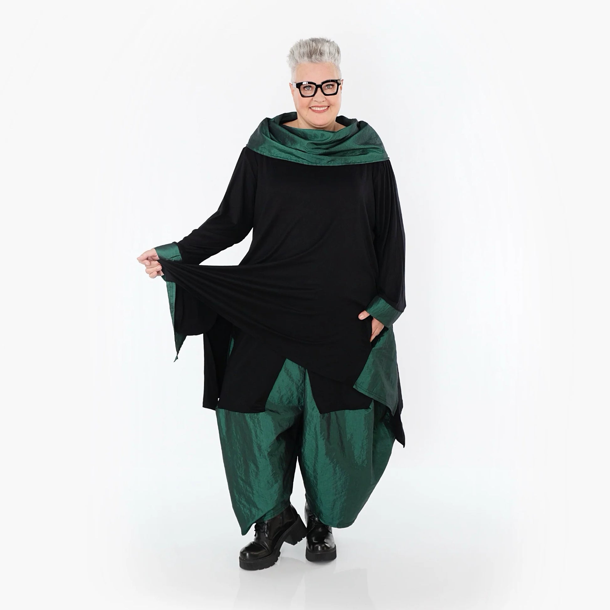  A-Form Shirt von AKH Premium aus Viskose, P102187, Schwarz/Smaragd, Ausgefallen, Zeitlos