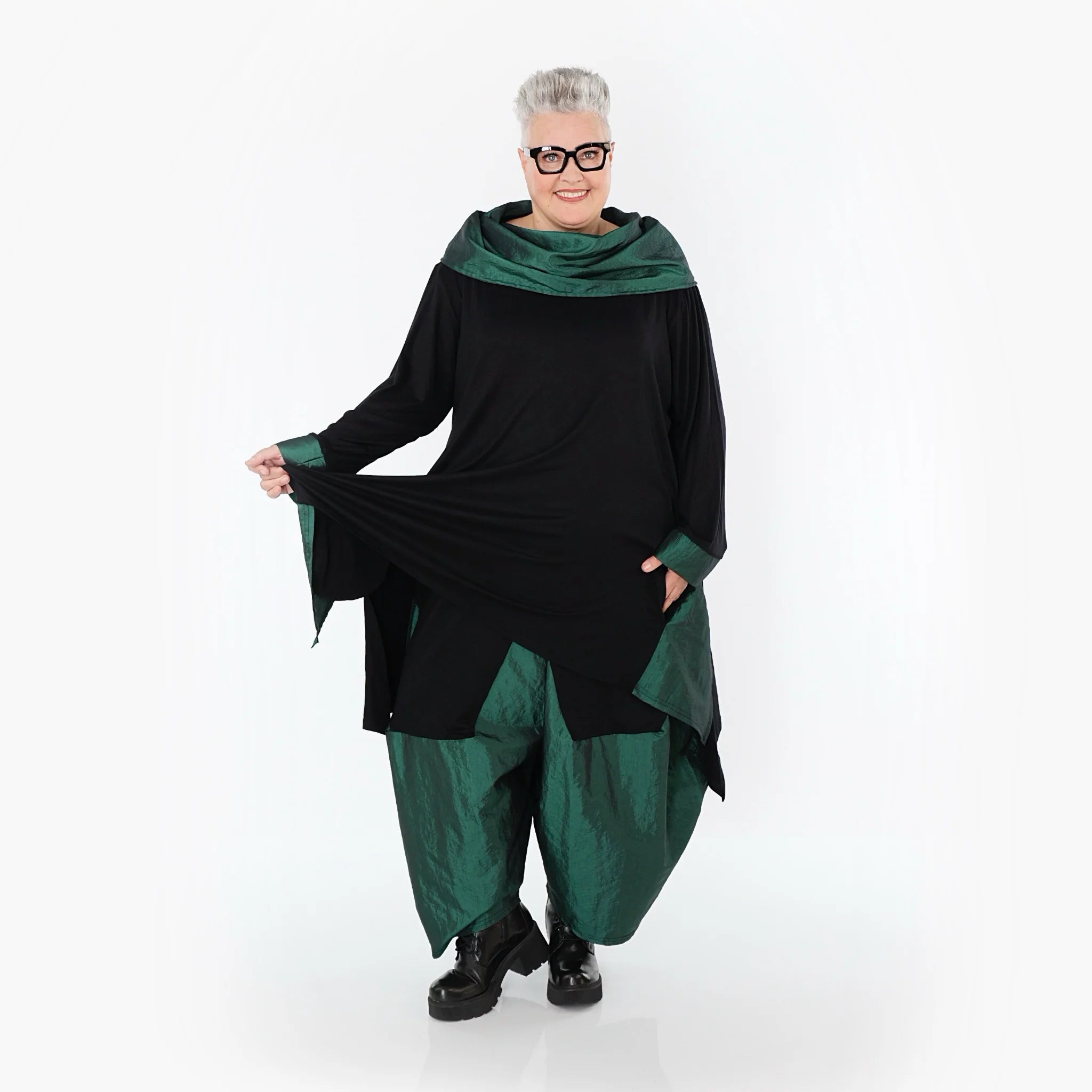  A-Form Shirt von AKH Premium aus Viskose, P102187, Schwarz/Smaragd, Ausgefallen, Zeitlos