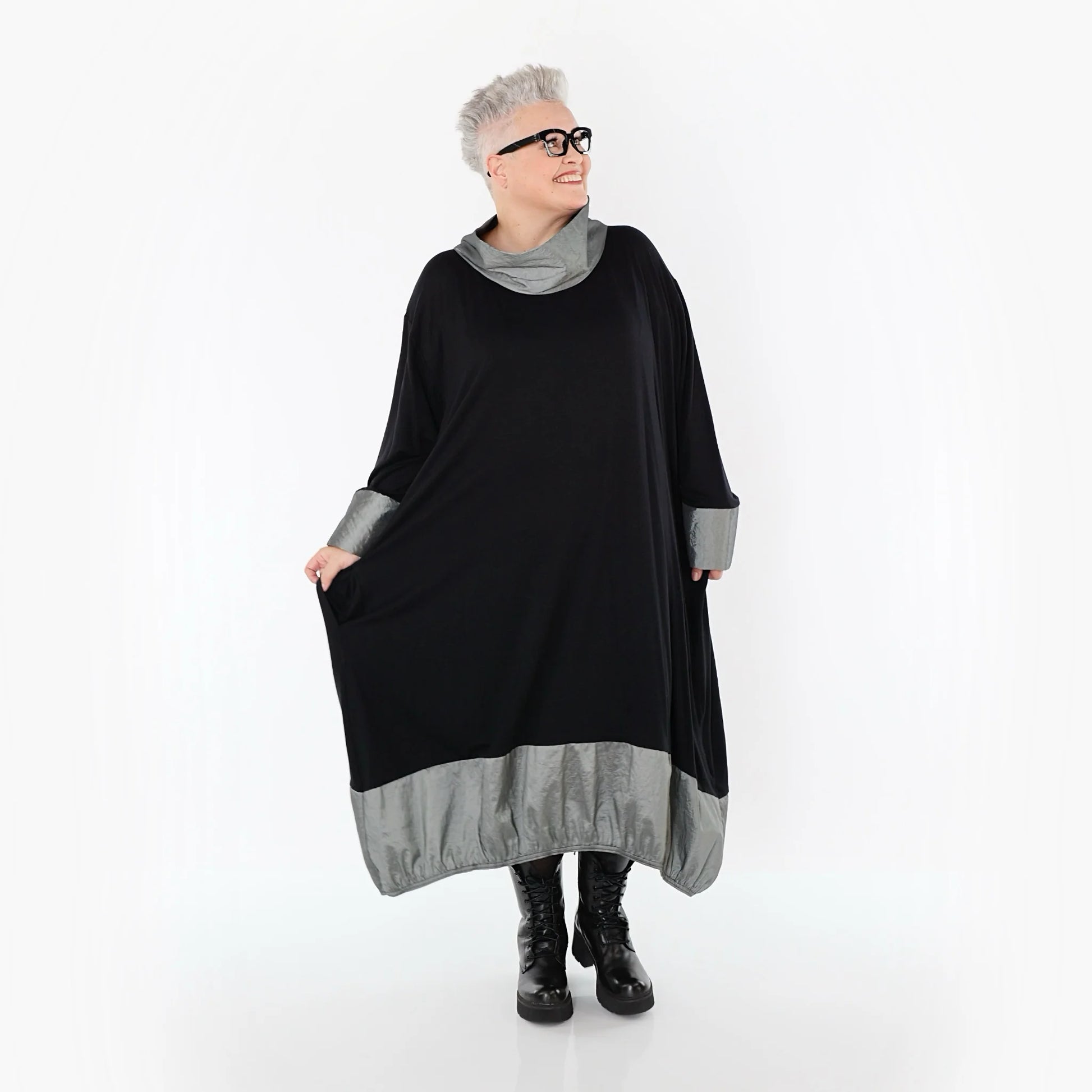  Ballonkleid von AKH Premium aus Viskose, P107156, Schwarz/Grau, Ausgefallen, Zeitlos