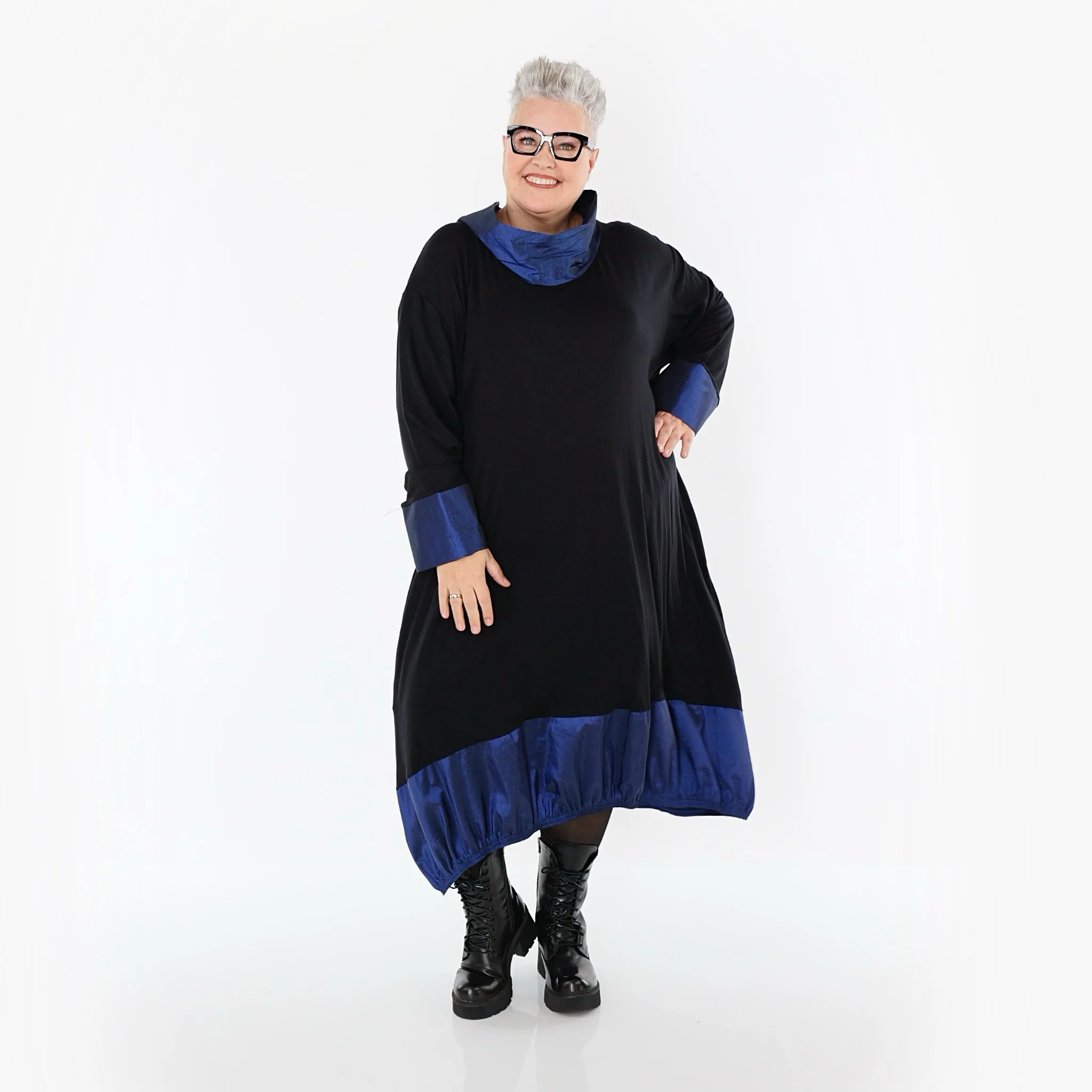  Ballonkleid von AKH Premium aus Viskose, P107156, Schwarz/Royalblau, Ausgefallen, Zeitlos