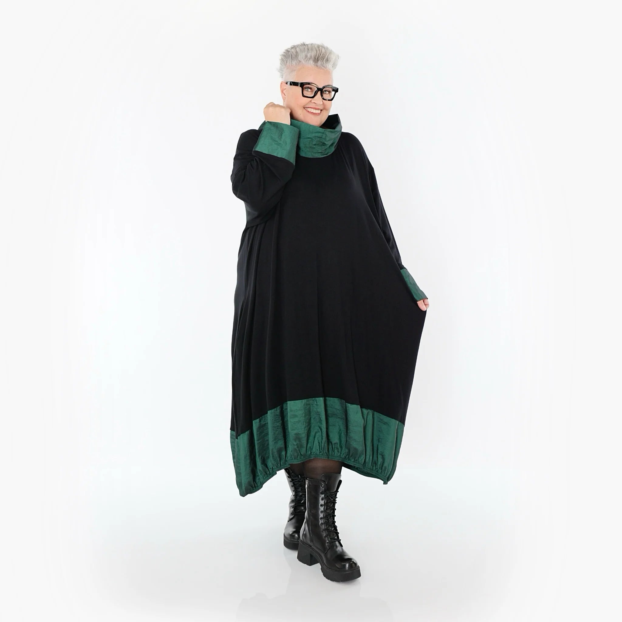  Ballonkleid von AKH Premium aus Viskose, P107156, Schwarz/Smaragd, Ausgefallen, Zeitlos