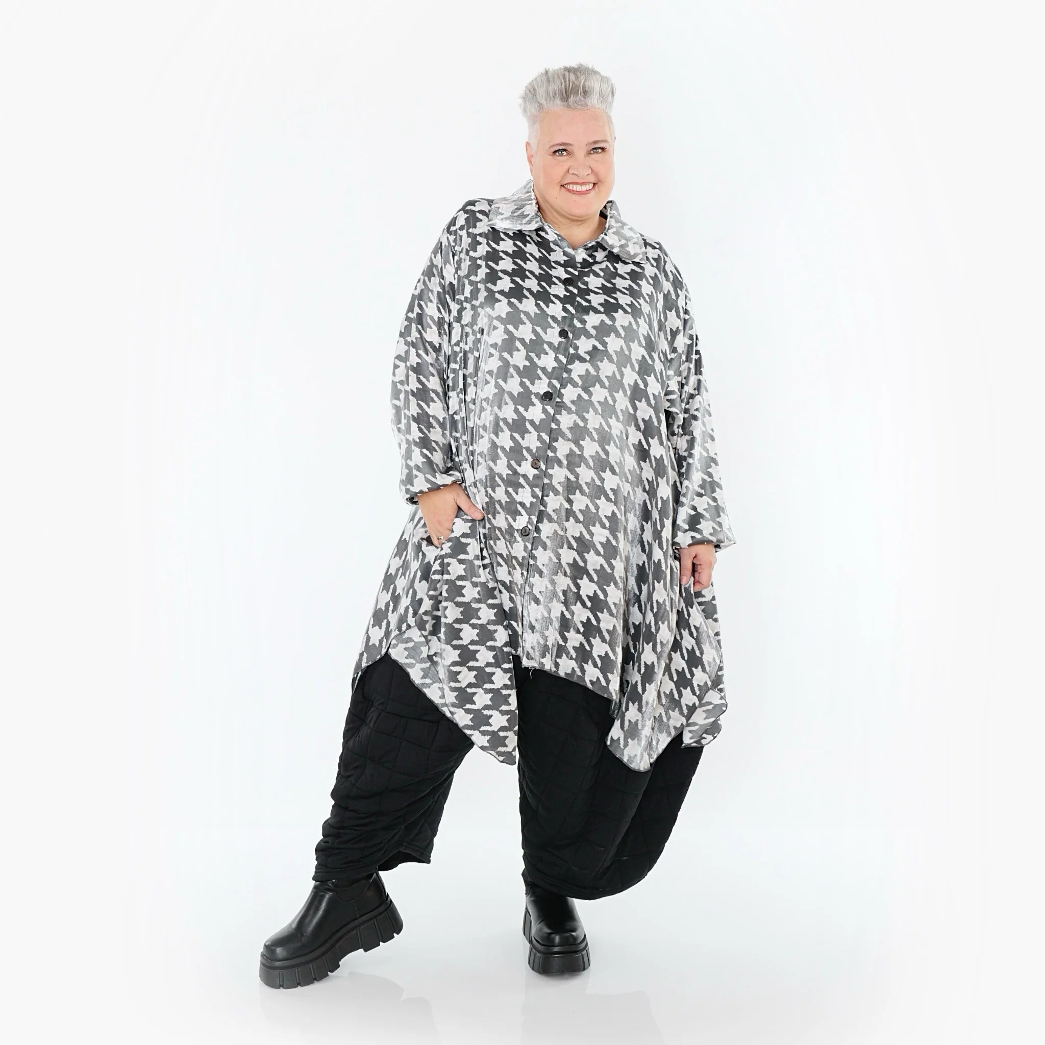  A-Form Bluse von AKH Premium aus Viskose, P106917, Weiß/Grau, Hahnentritt, Ausgefallen