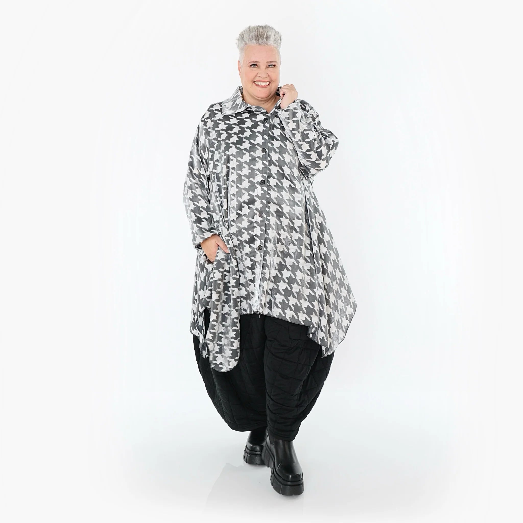  A-Form Bluse von AKH Premium aus Viskose, P106917, Weiß/Grau, Hahnentritt, Ausgefallen