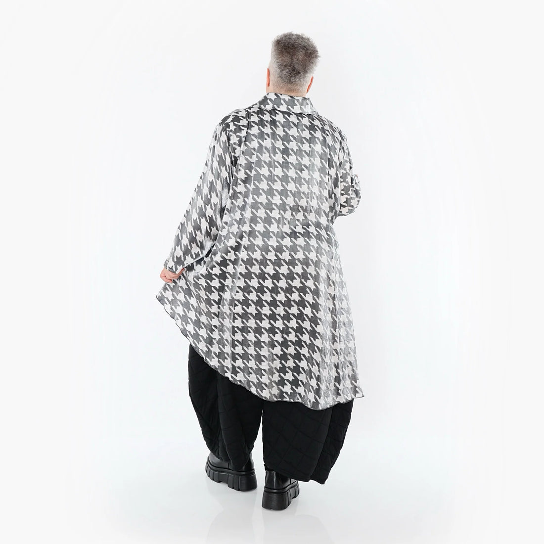  AKH Premium Bluse in Vokuhila-Form, aus Viskose, P107149, Weiß/Grau, Hahnentritt, Schick