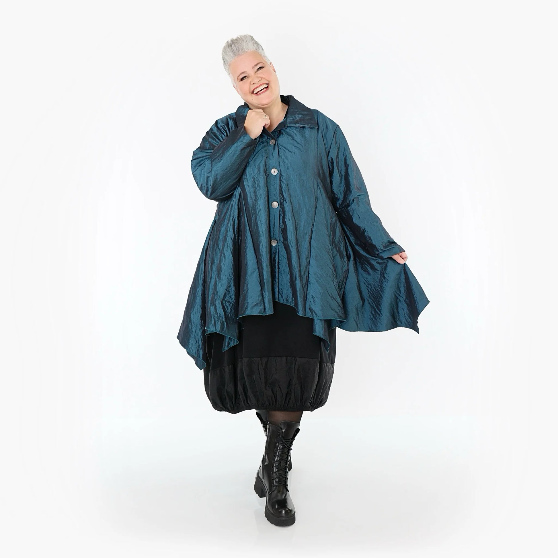  AKH Premium Jacke in Glocken-Form, aus Viskose, P107148, Petrol, Ausgefallen, Zeitlos