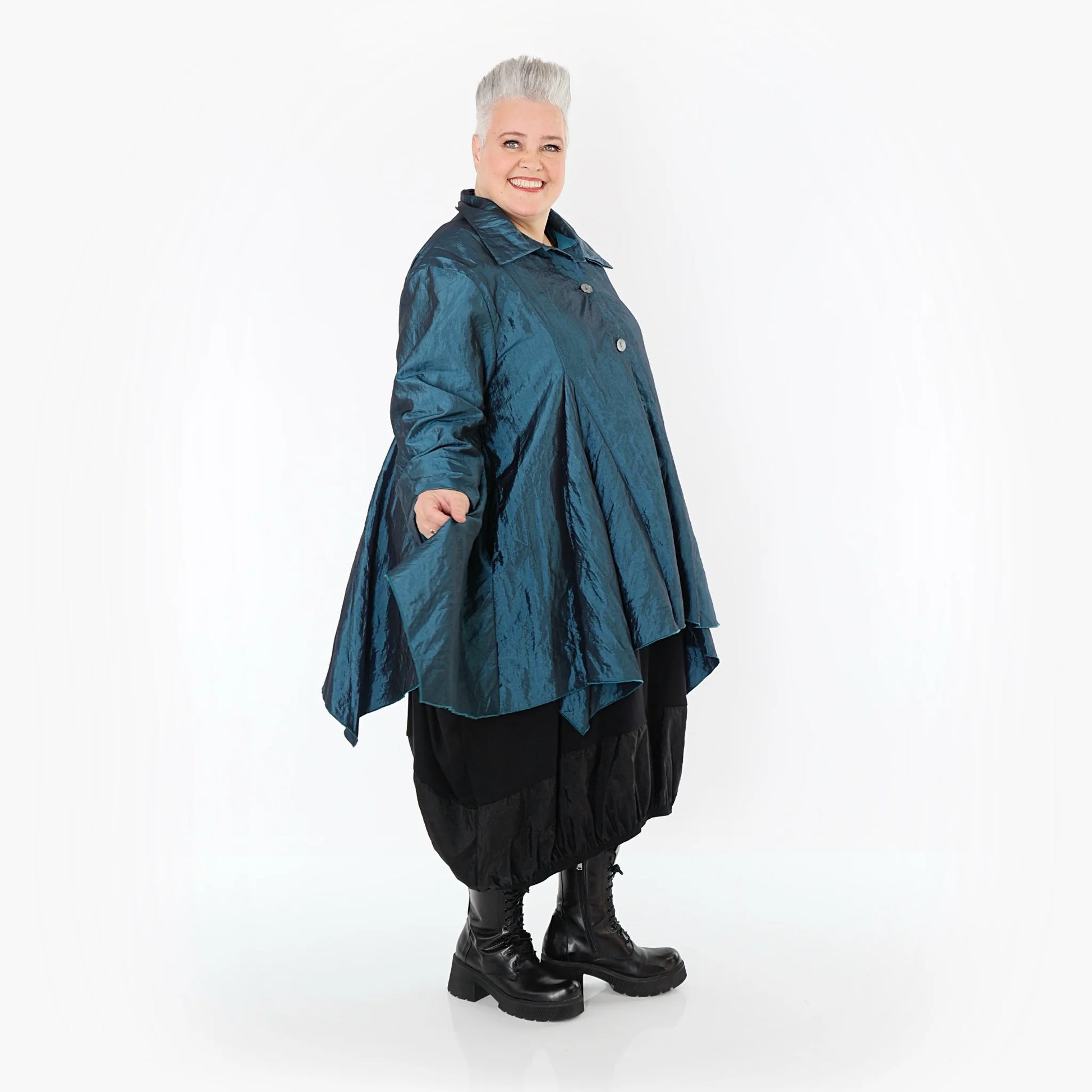  AKH Premium Jacke in Glocken-Form, aus Viskose, P107148, Petrol, Ausgefallen, Zeitlos