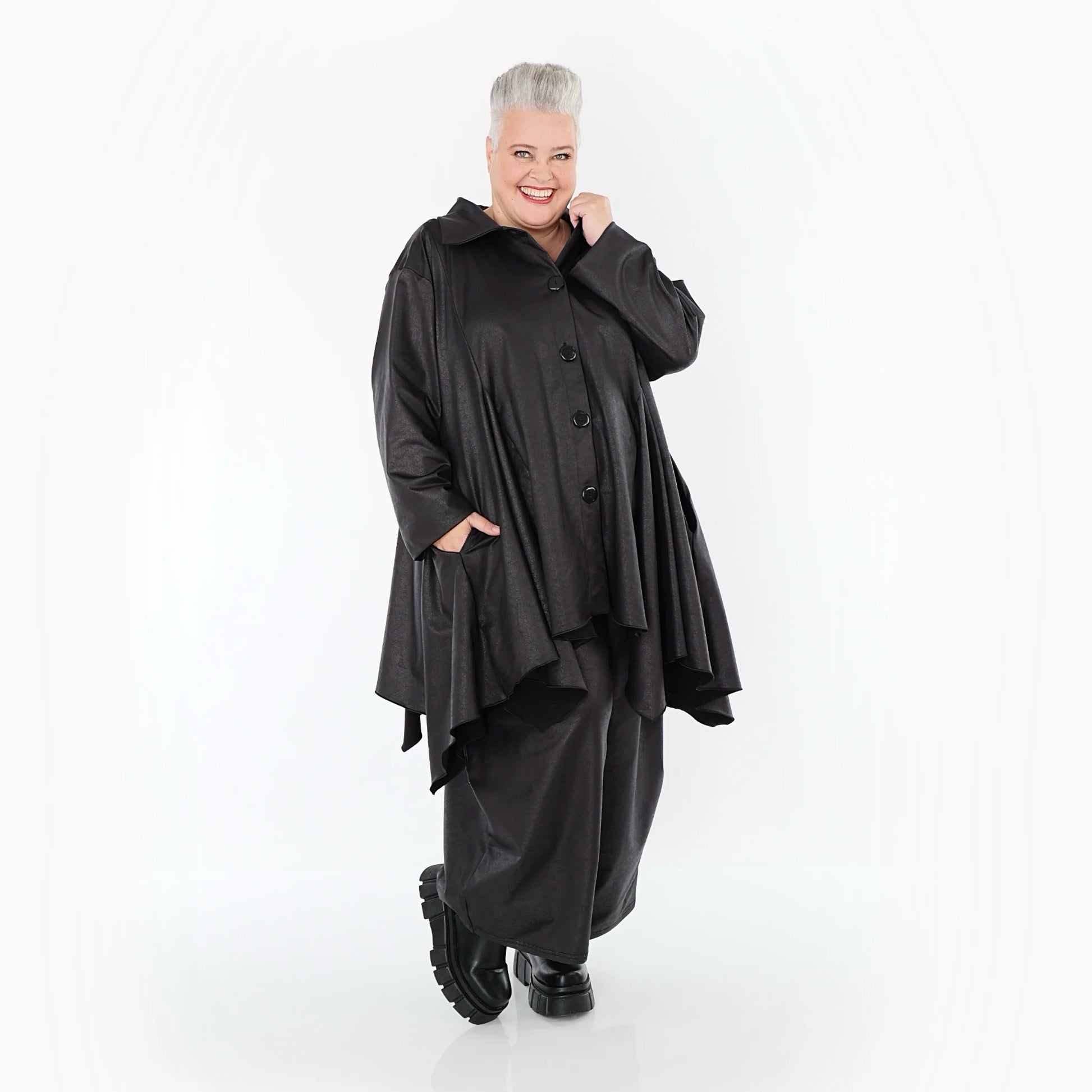  AKH Premium Jacke in Glocken-Form, aus Materialmix, P1027.7148, Schwarz, Ausgefallen