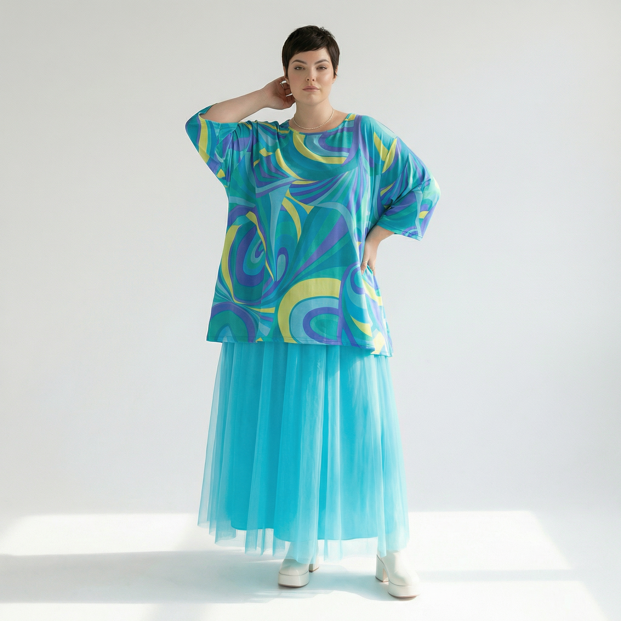  A-Form Bigshirt von AKH Fashion aus Baumwolle, 1508.00593, Grün/Multi, Abstrakt, Ausgefallen