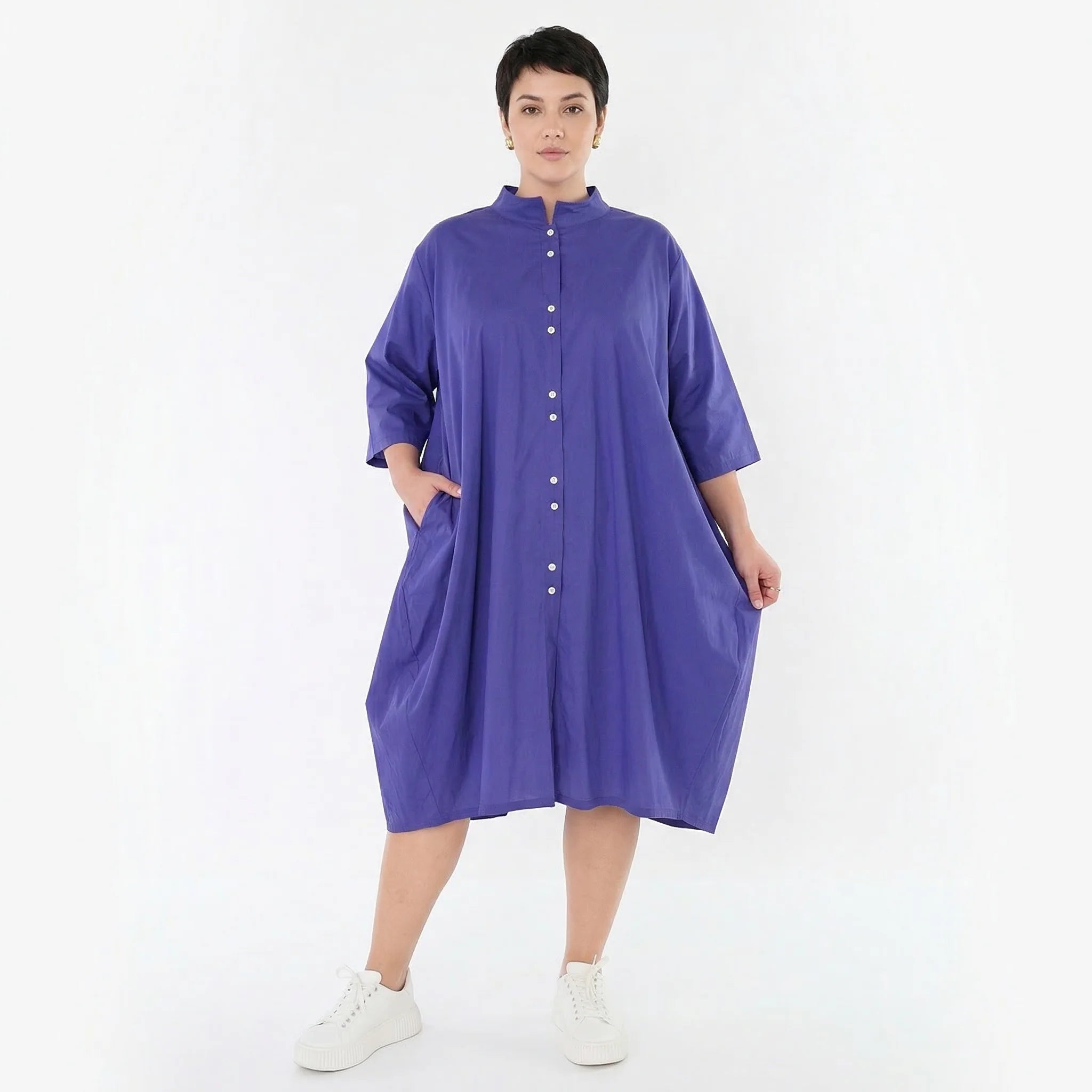 Fließend leichte Ballon Bluse im Lagenlook aus feiner Baumwollmischung mit Stehkragen, Lila