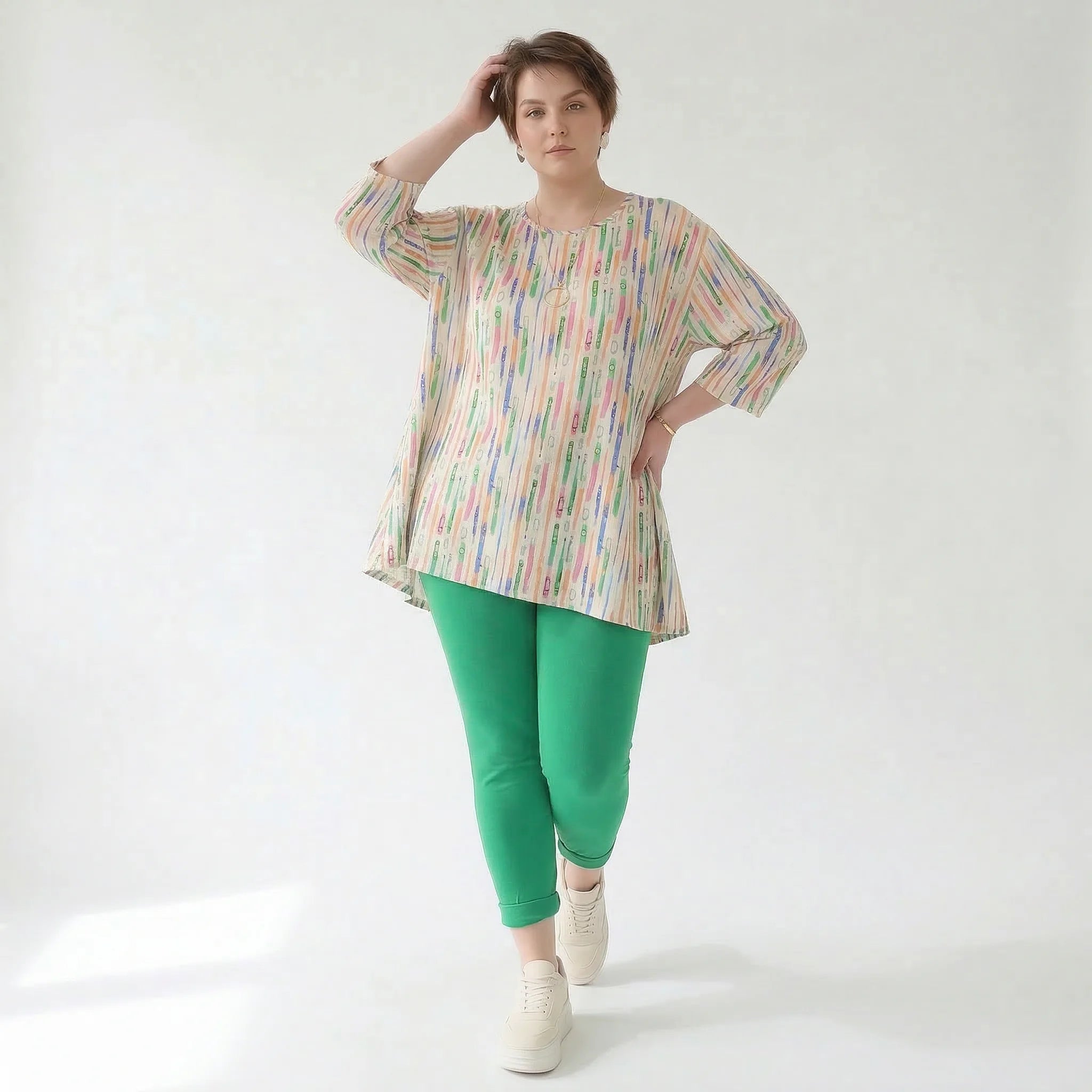 Ausgefallenes Glockenshirt aus feinem Jersey im zeitlosen Lagenlook mit weichem Stretch, Ecru/Fuchsia/Multi