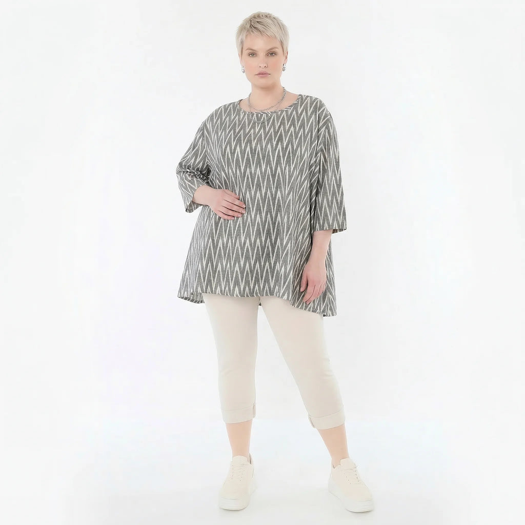 Luftiges A-Form Shirt aus Leinen und Baumwolle im legeren Lagenlook mit ZickZack Muster, Grau/Ecru