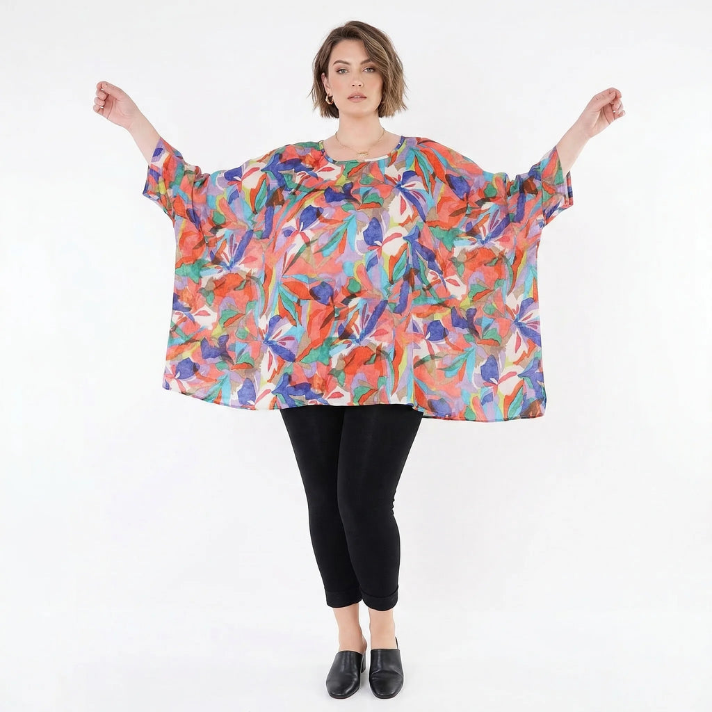 Ausgefallenes Oversize Lagenlook Big Shirt in A-Form mit glattem, weich fließendem Stoff, Mehrfarbig